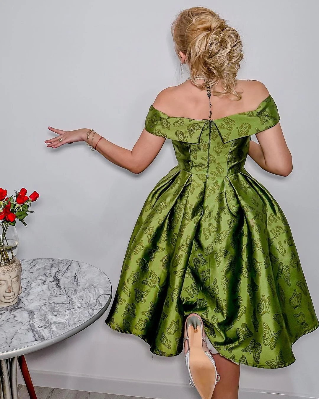 1950ER GRÜNES SCHULTERFREIES VINTAGE Schmetterling KLEID - Image 3