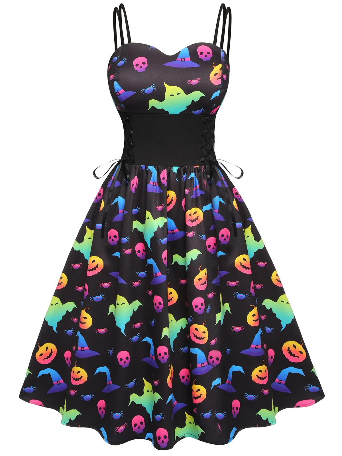 1950er Halloween Buntes Kürbis Drucken Träger Kleid - Image 3