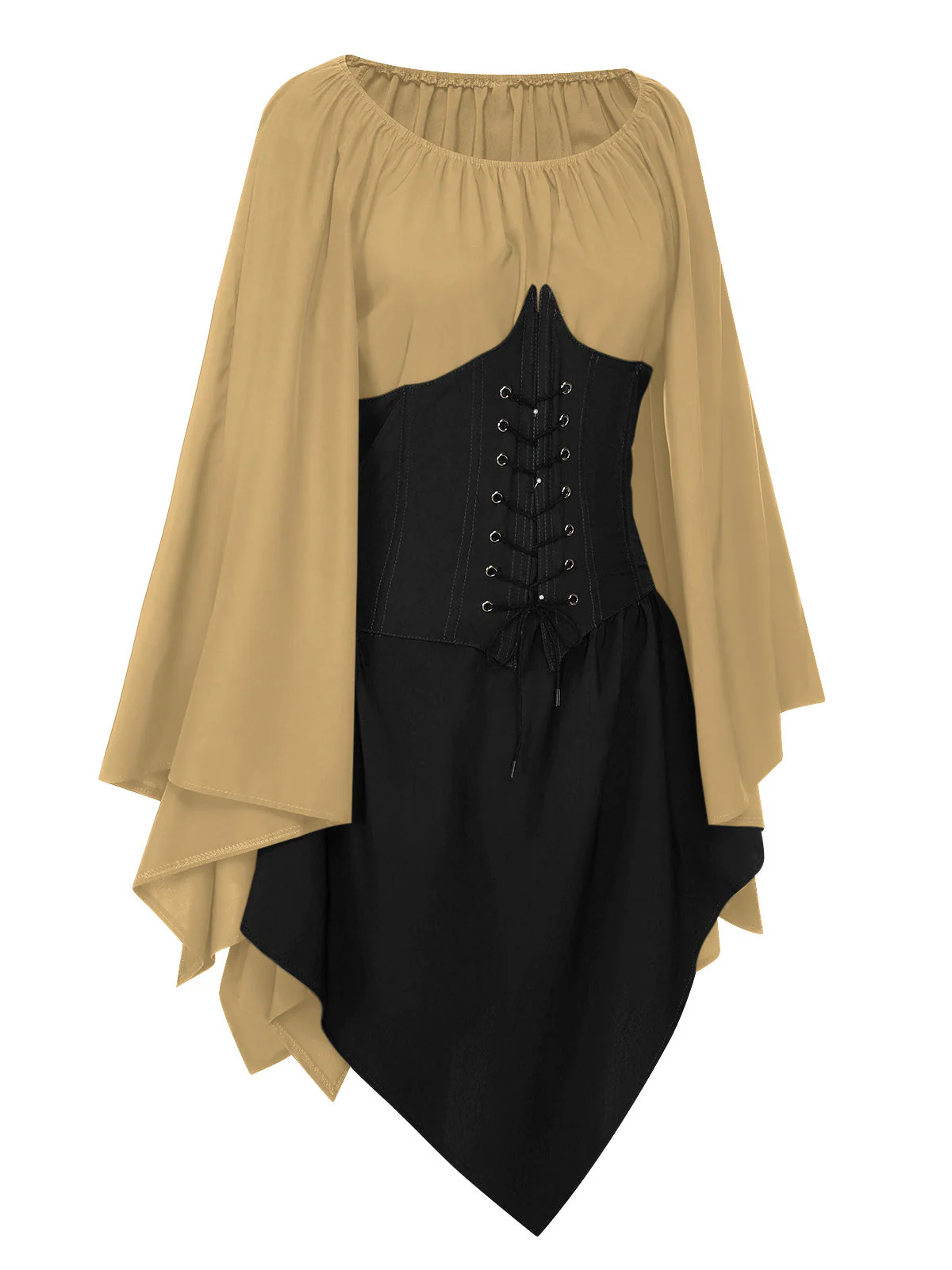 Braun 1950er Halloween Hexen Vampir Fledermausärmel Patchwork Kleid - Image 13