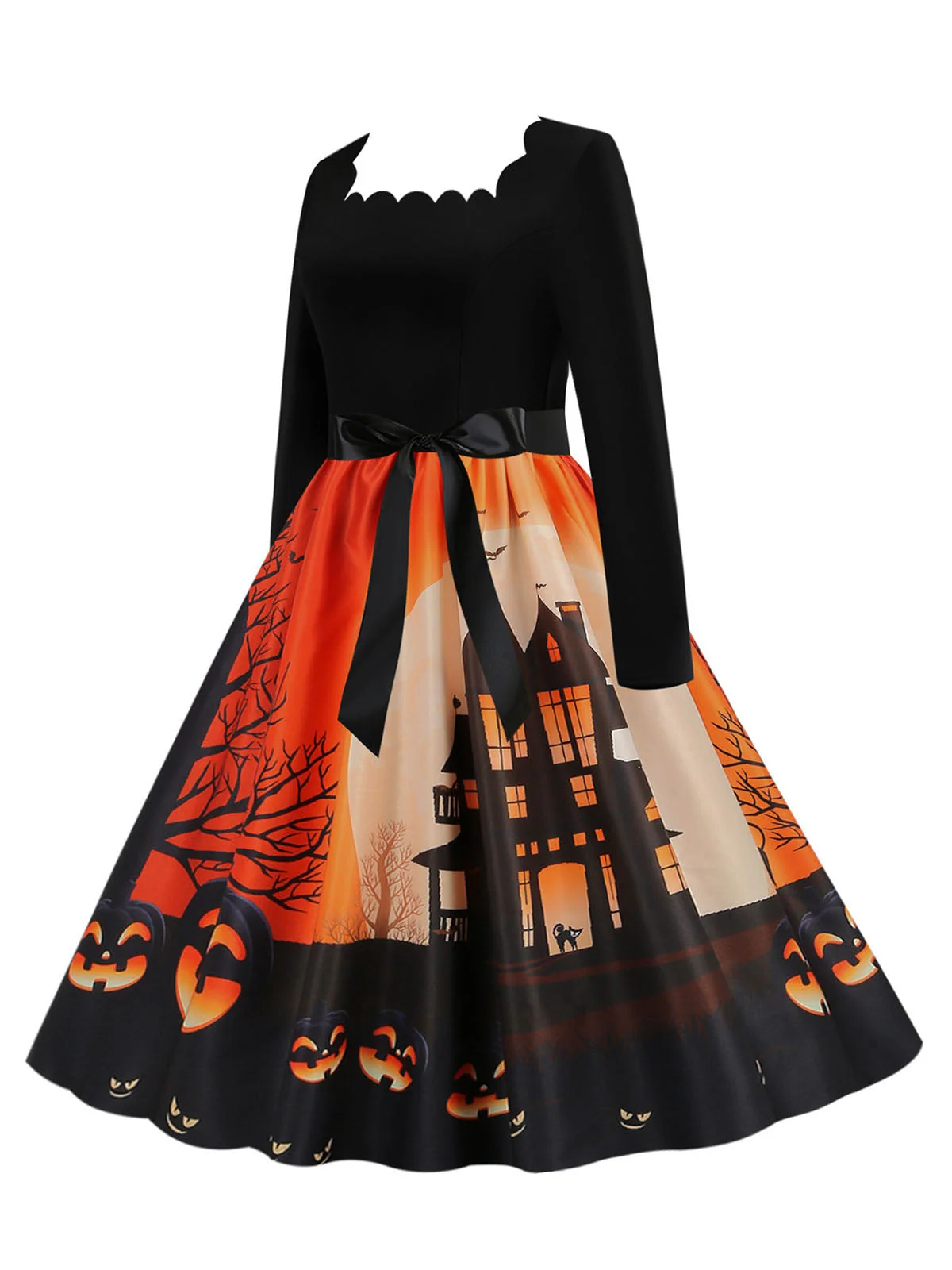 1950er Halloween Kürbis Patchwork Lange Ärmel Kleid - Image 2
