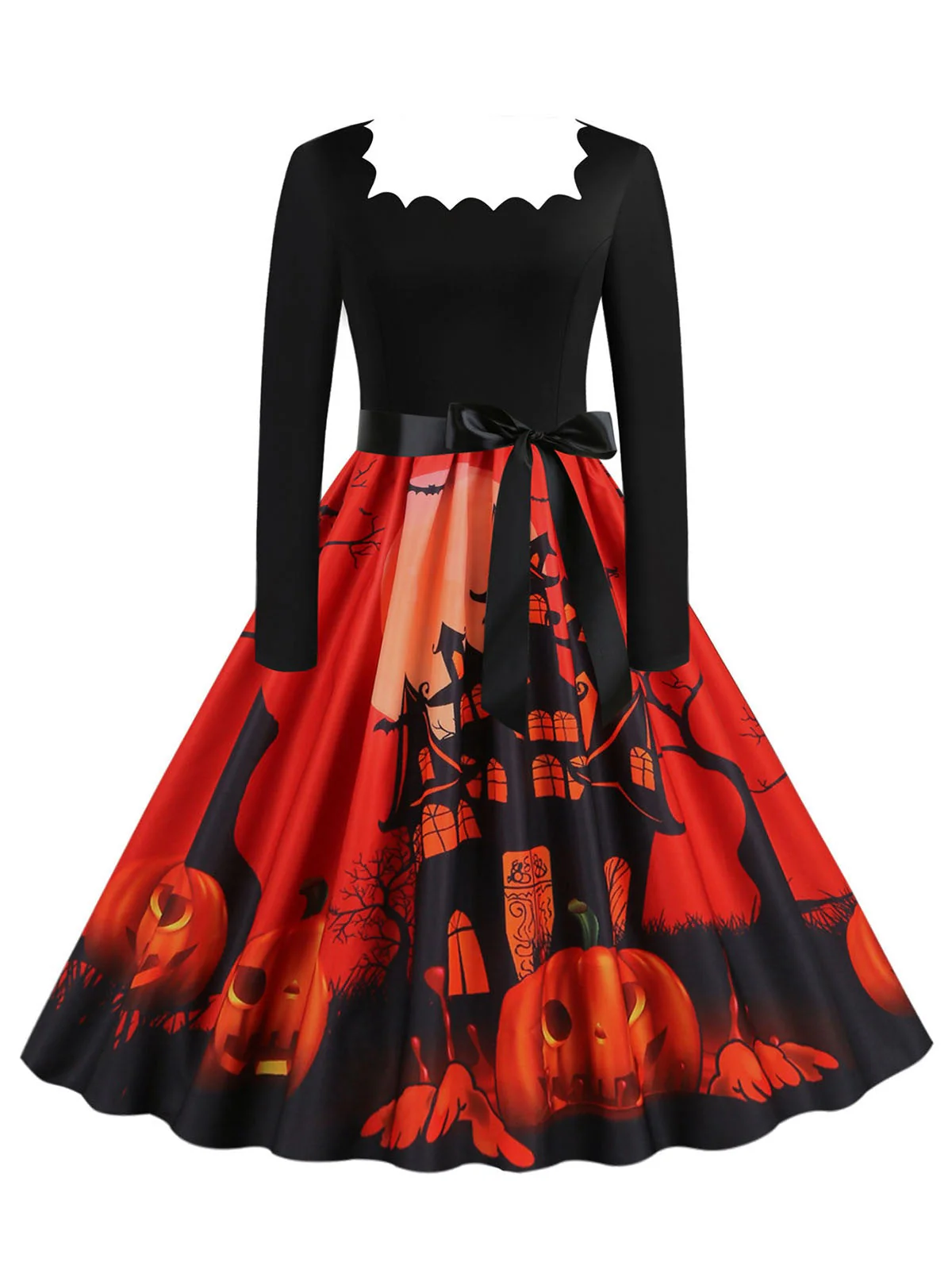 1950er Halloween Kürbis Patchwork Lange Ärmel Kleid - Image 4