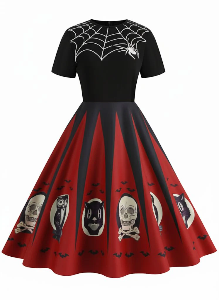 1950er Halloween Spinnennetz Druck Patchwork Kleid - Image 4