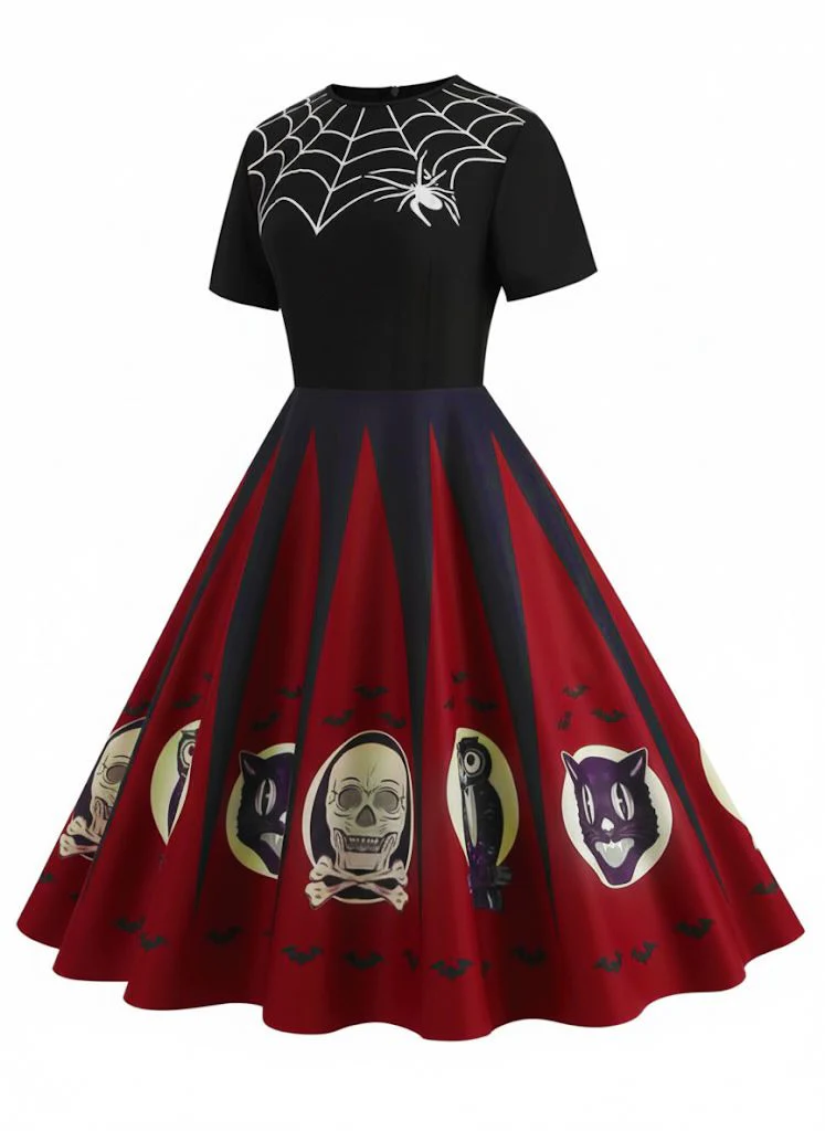 1950er Halloween Spinnennetz Druck Patchwork Kleid - Image 5