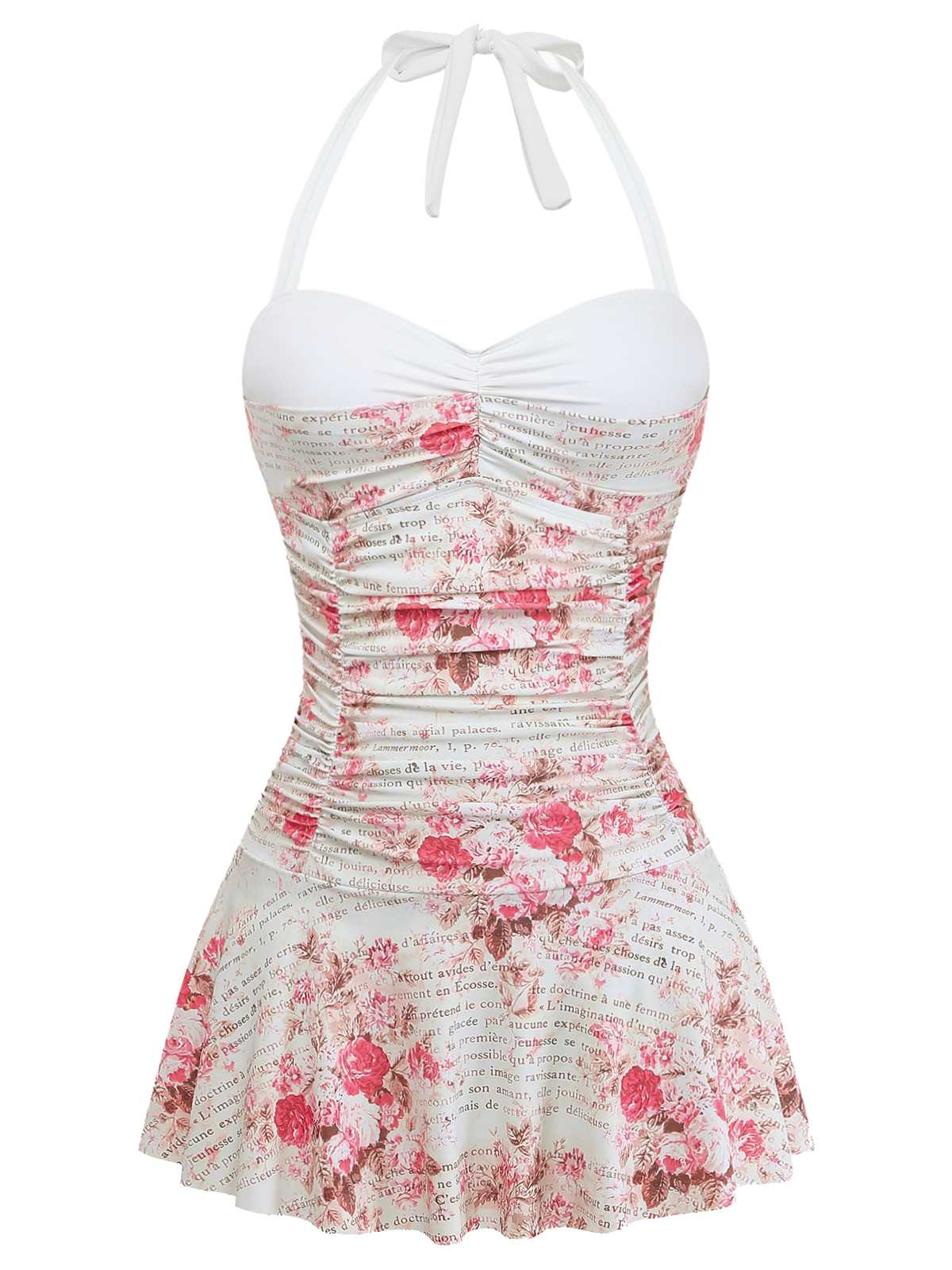 1950er Halter Rosen Gerafft Bauchformend Badeanzugkleid - Image 2