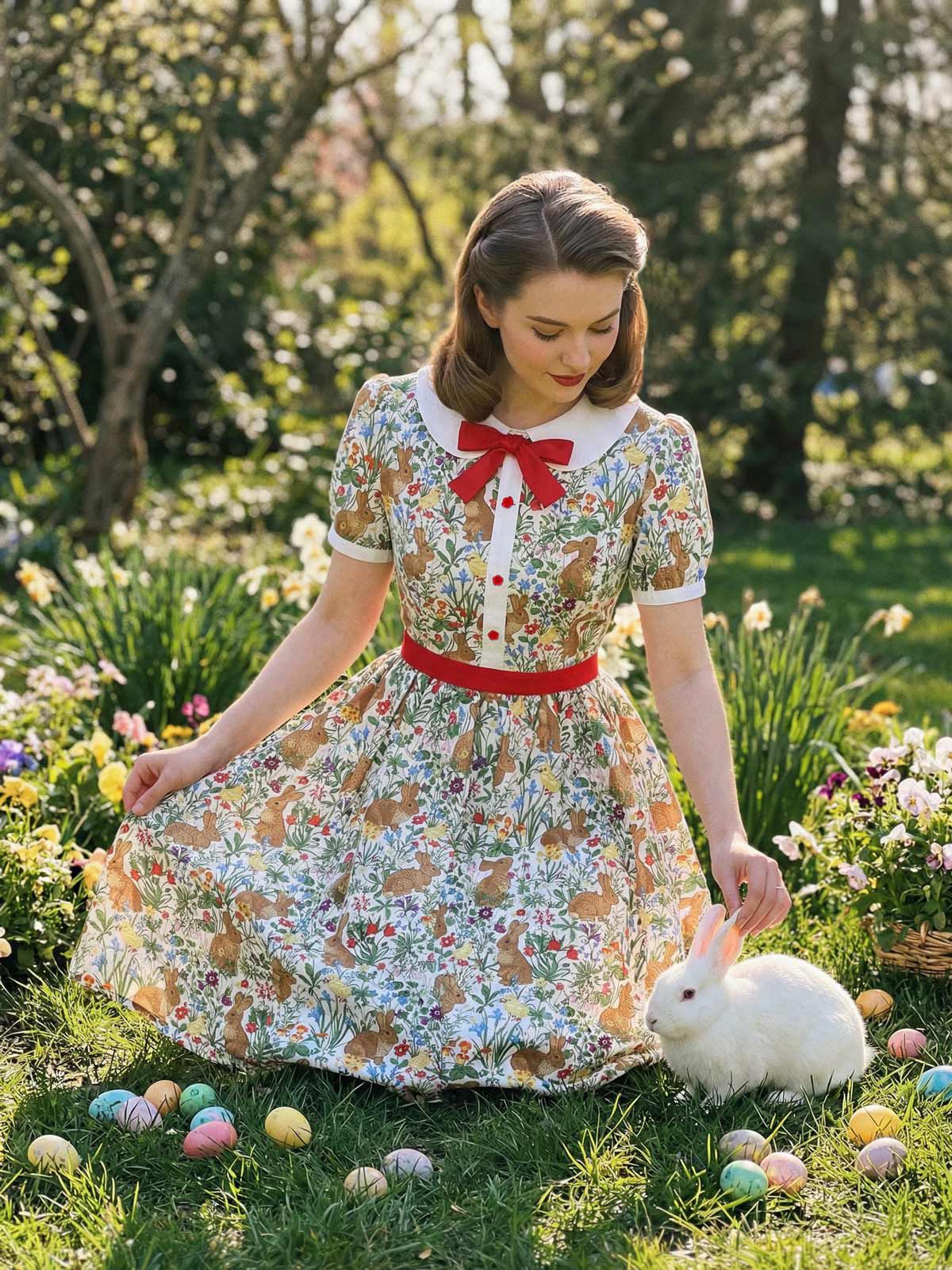 1950er Hase Blumen Bogen Peter Pan Kragen Kleid - Image 2