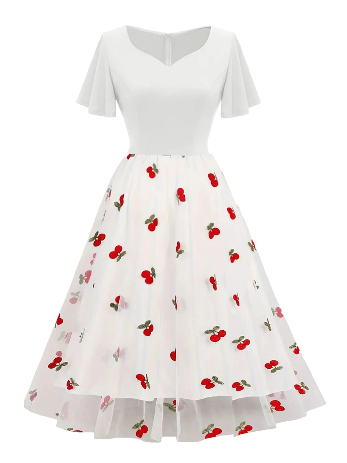 1950er Herzausschnitt Kirschrot Netz Kleid - Image 4
