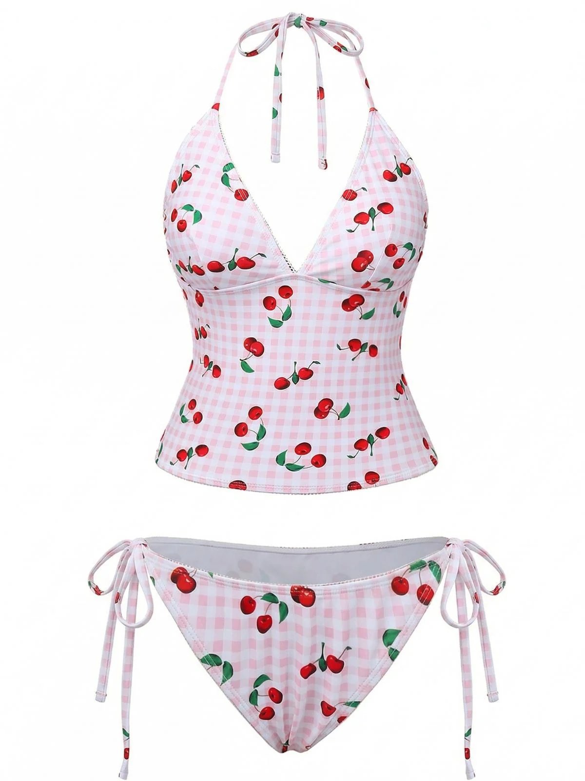 1950er Karomuster Kirsch Druck Halter Tankini Set - Image 2