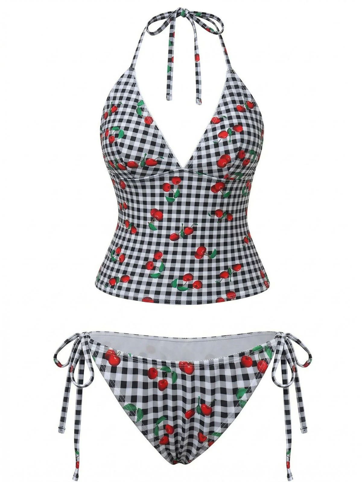 1950er Karomuster Kirsch Druck Halter Tankini Set - Image 7