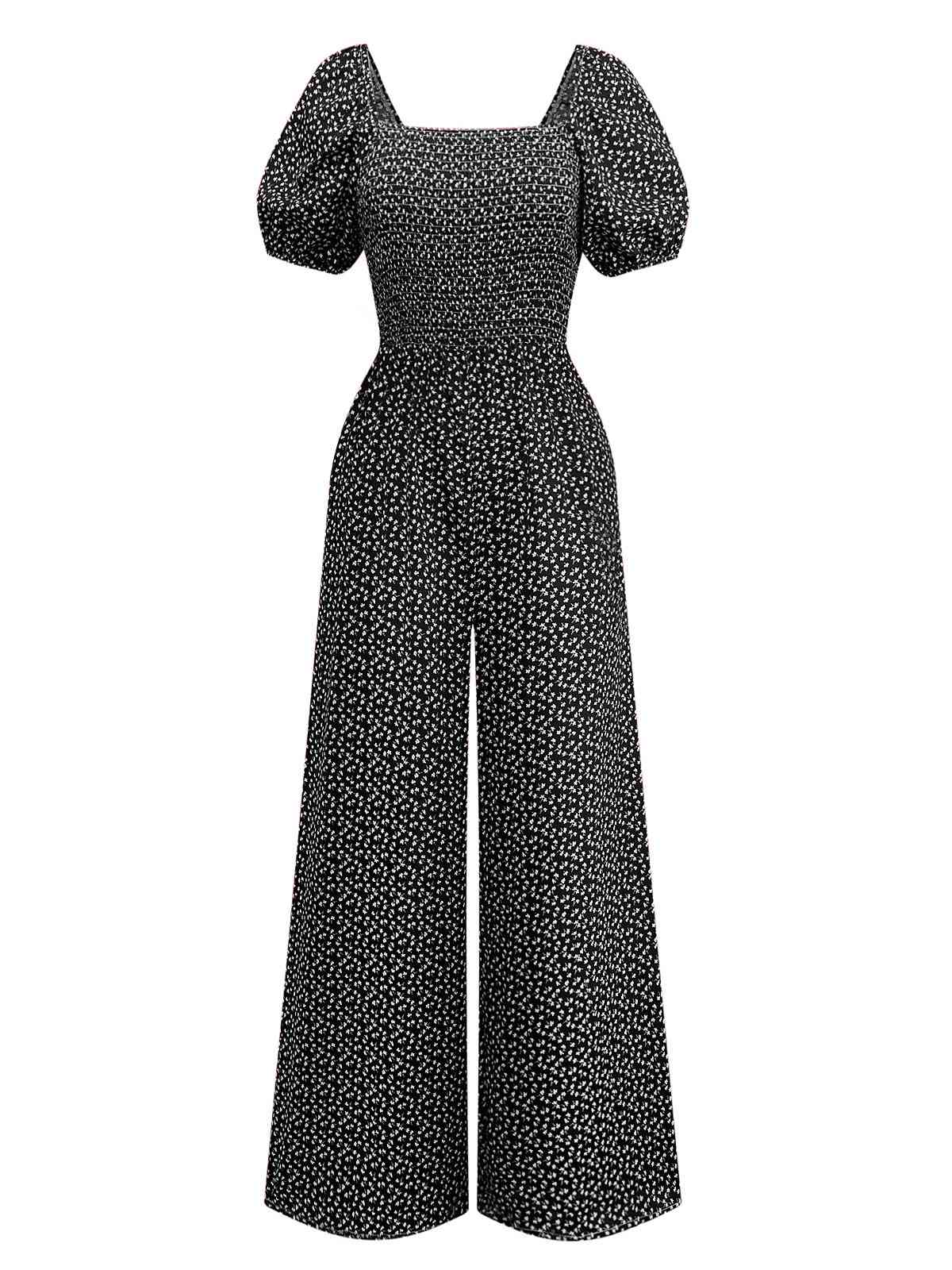 1950er Kleine Blumen Quadratischer Hals Puffärmel Jumpsuit - Image 4