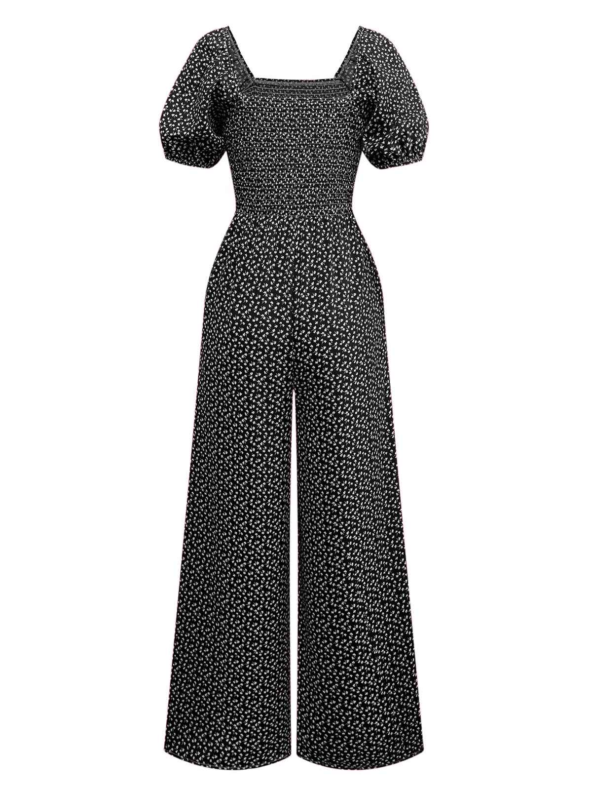 1950er Kleine Blumen Quadratischer Hals Puffärmel Jumpsuit - Image 5