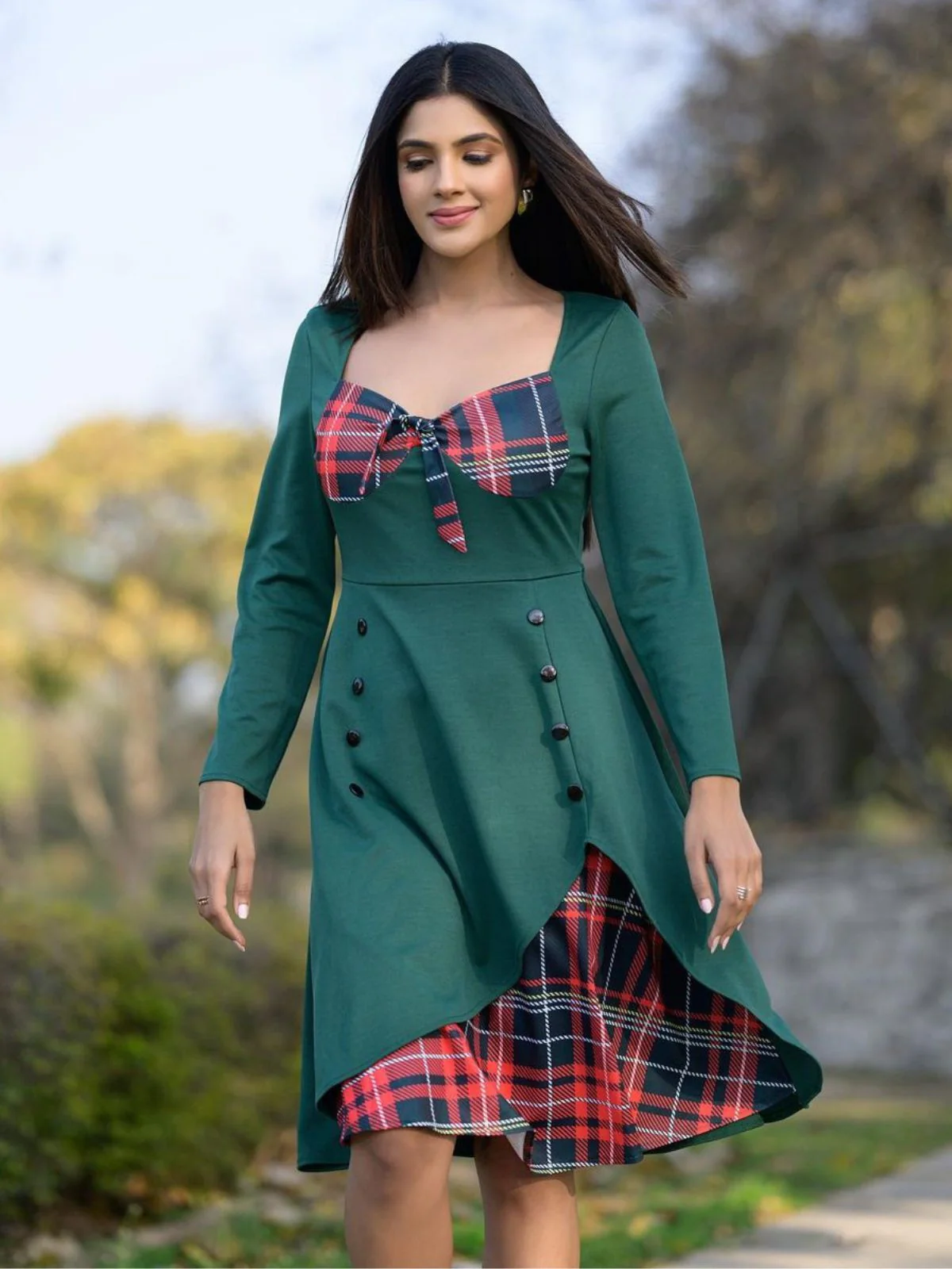 1950ER LANGE ÄRMEL PATCHWORK PLAID KLEID - Image 2