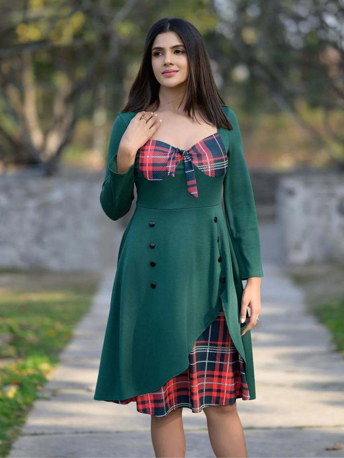 1950ER LANGE ÄRMEL PATCHWORK PLAID KLEID - Image 3
