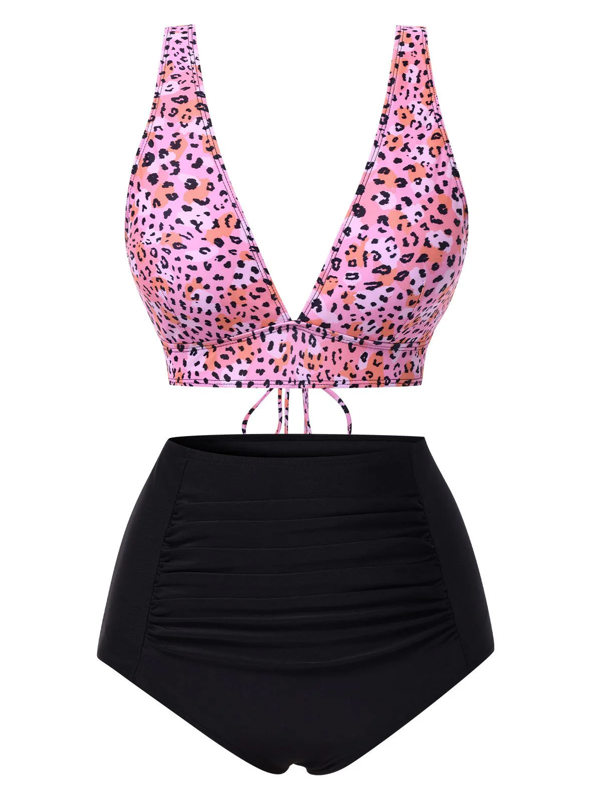 1950er Leopard Drucken Tief V-Ausschnitt Schnürung Bikini Set - Image 3