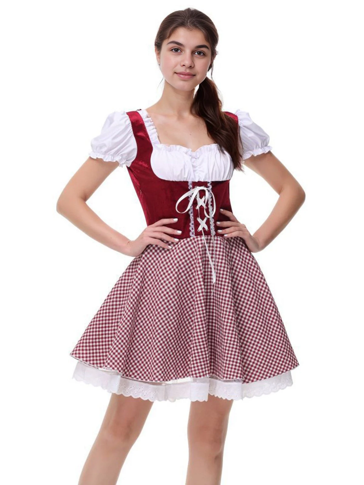1950er Oktoberfest Dirndl Puffärmel Gingham Plaid Kleid - Image 3