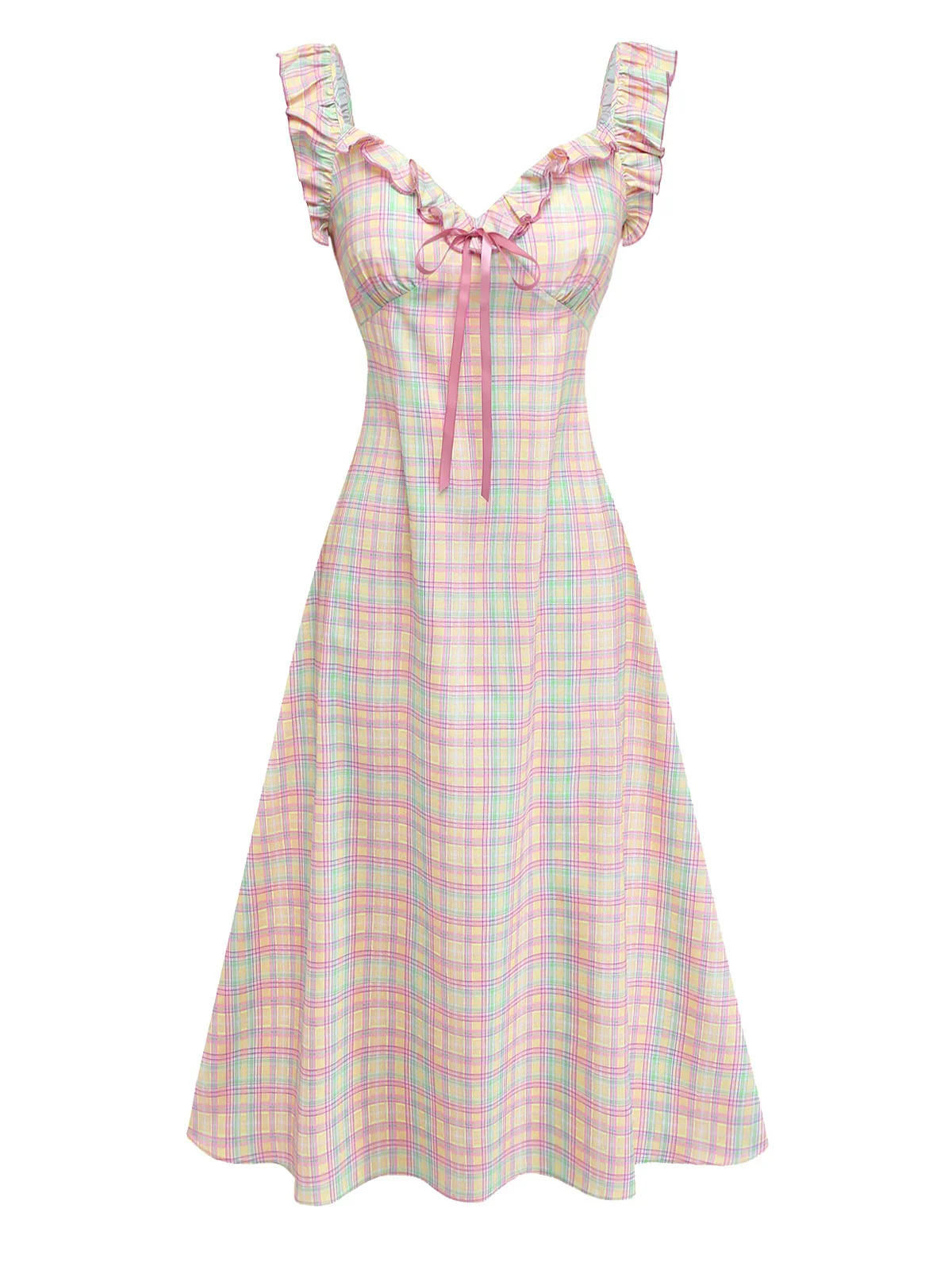 1950er Pastell Kariert Rüschen Bogen Herzausschnitt Kleid - Image 2