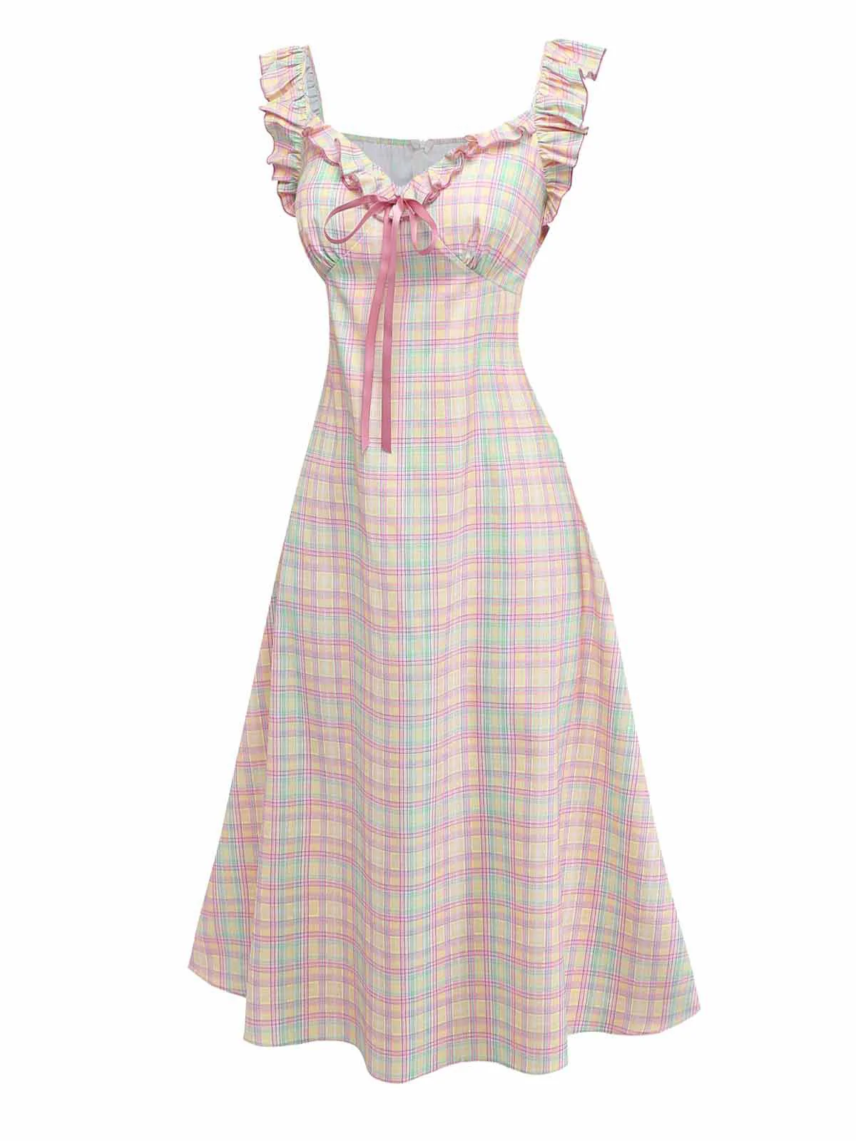 1950er Pastell Kariert Rüschen Bogen Herzausschnitt Kleid - Image 3