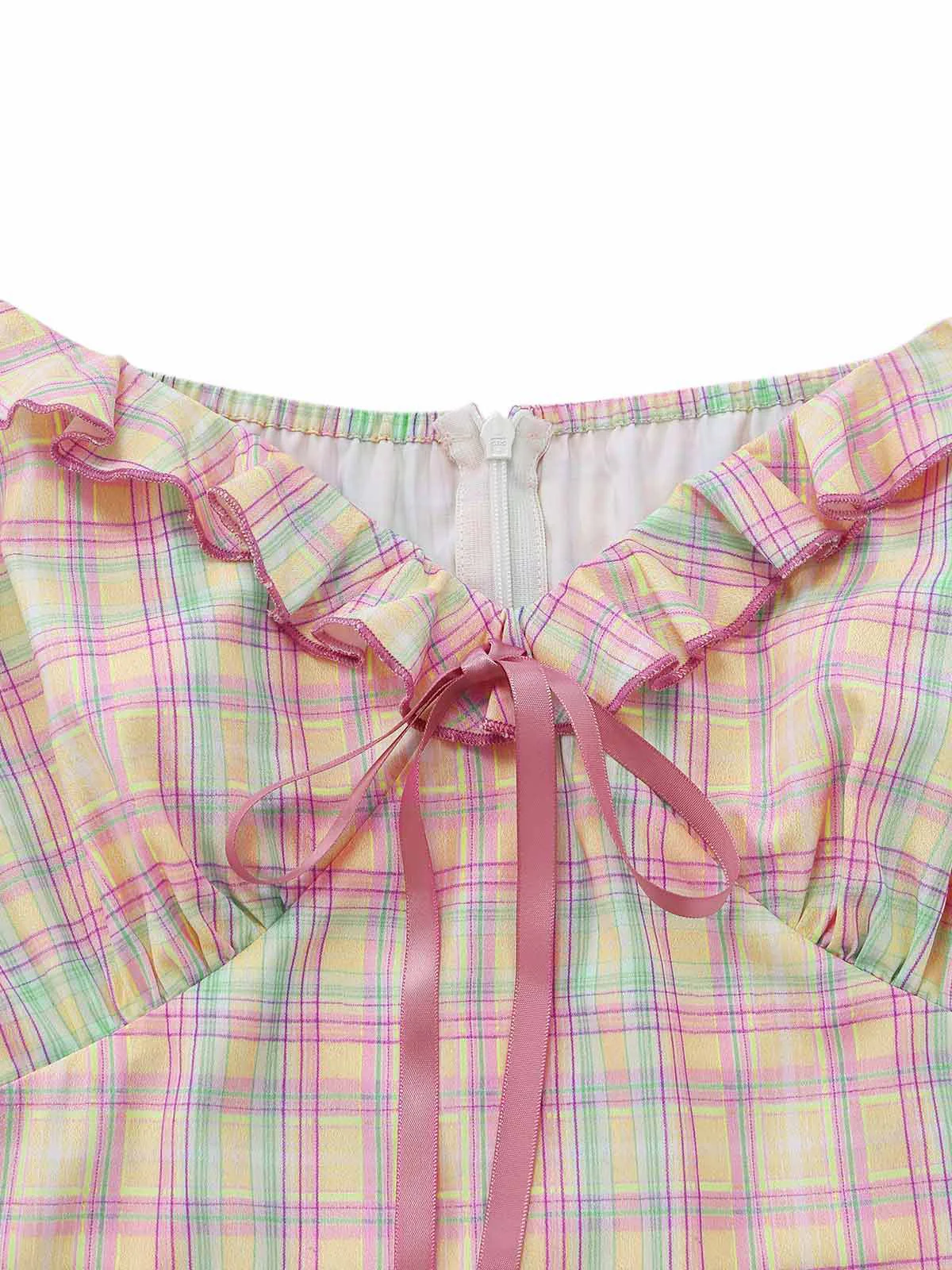1950er Pastell Kariert Rüschen Bogen Herzausschnitt Kleid - Image 5
