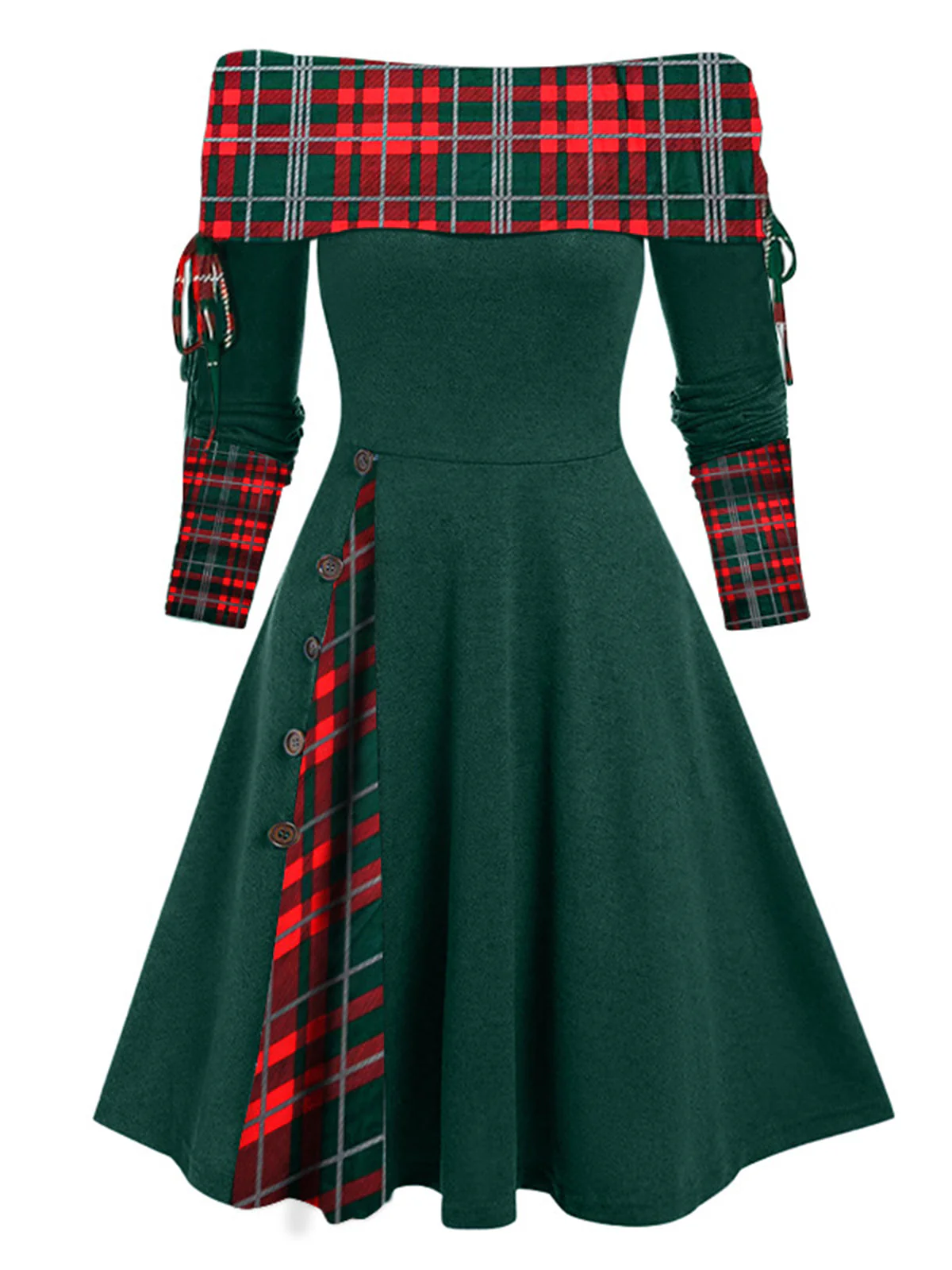 1950er Plaid Patchwork Schnürschuh Schulterfrei Kleid - Image 2