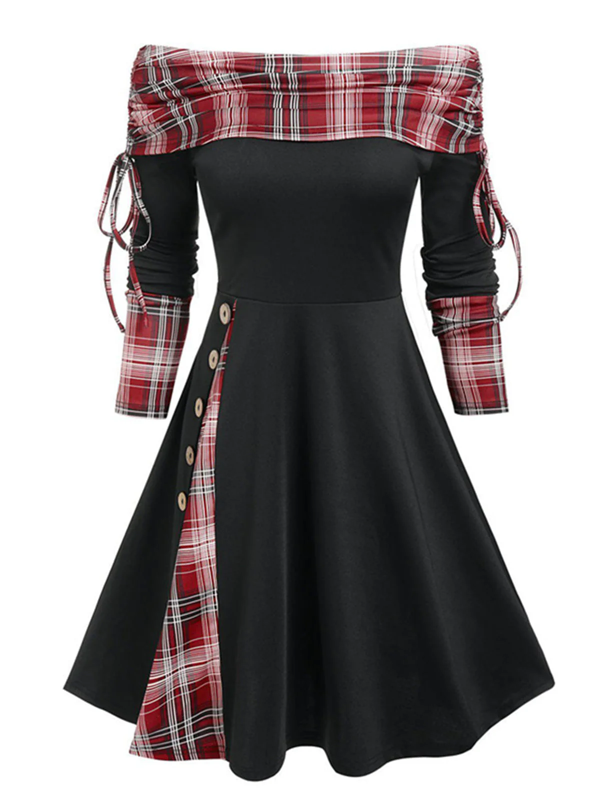 1950er Plaid Patchwork Schnürschuh Schulterfrei Kleid - Image 3