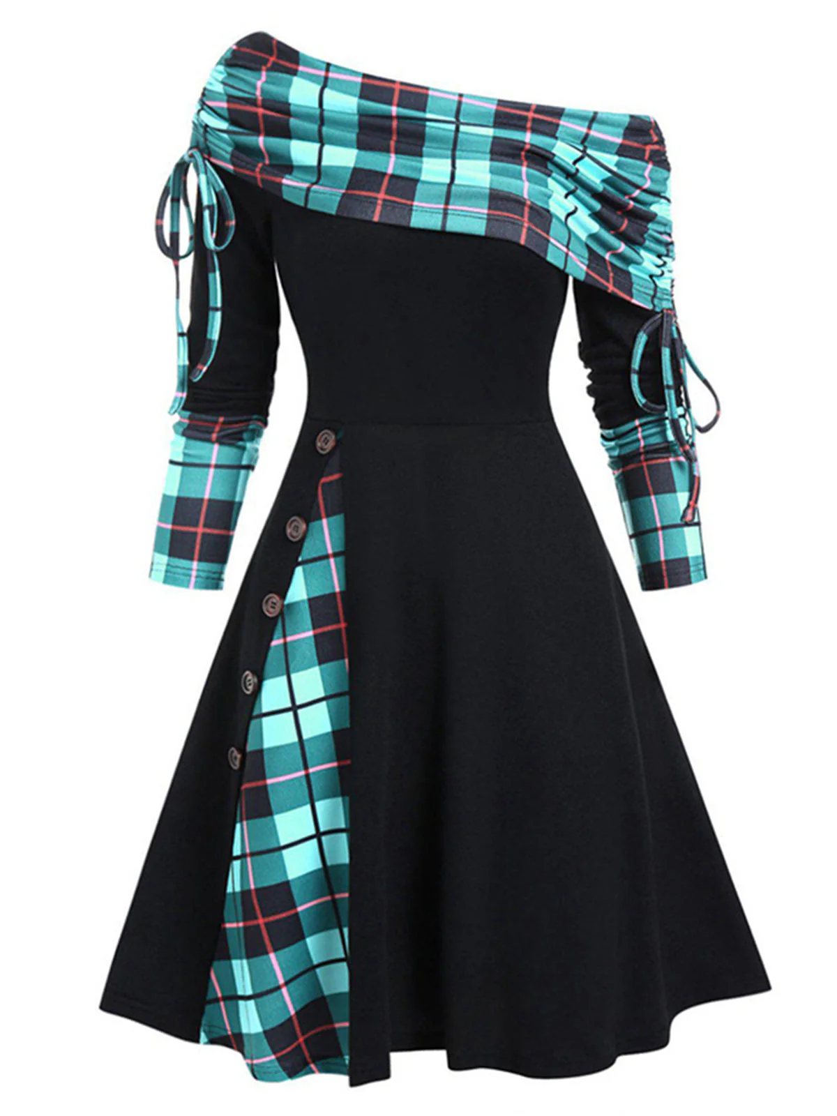 1950er Plaid Patchwork Schnürschuh Schulterfrei Kleid - Image 6