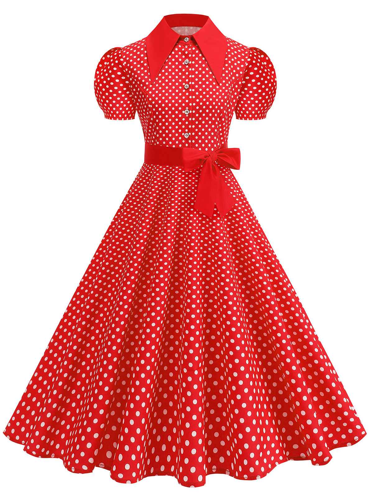 1950er Polka Dot Hemdkragen Gürtel Swing Kleid