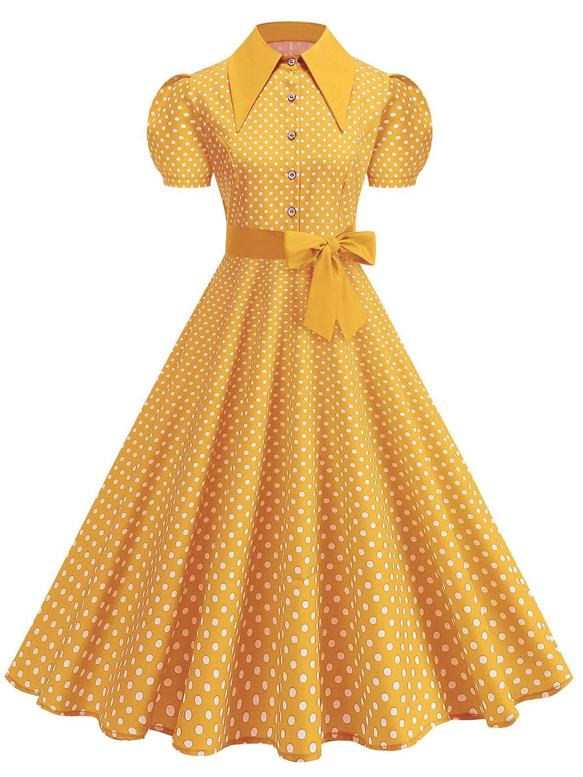 1950er Polka Dot Hemdkragen Gürtel Swing Kleid - Image 10