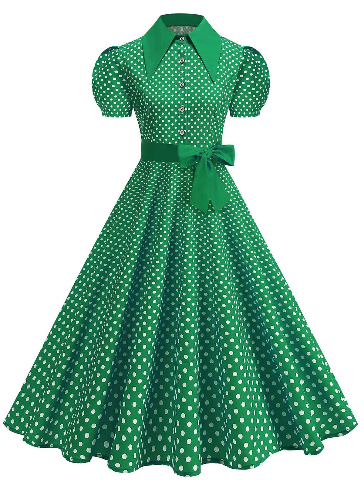 1950er Polka Dot Hemdkragen Gürtel Swing Kleid - Image 13