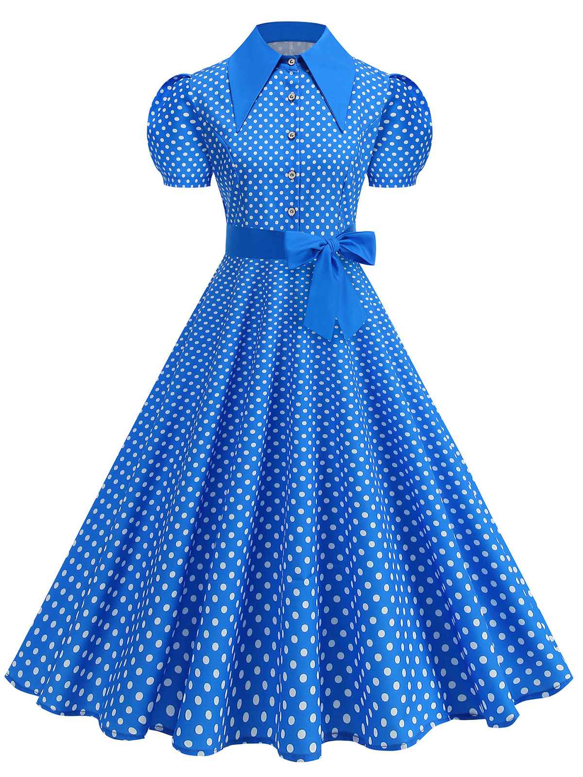 1950er Polka Dot Hemdkragen Gürtel Swing Kleid - Image 7