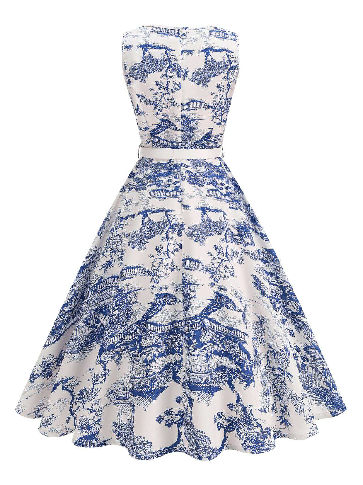 1950er Porzellan Landschaft Ärmellos Gürtel Kleid - Image 10