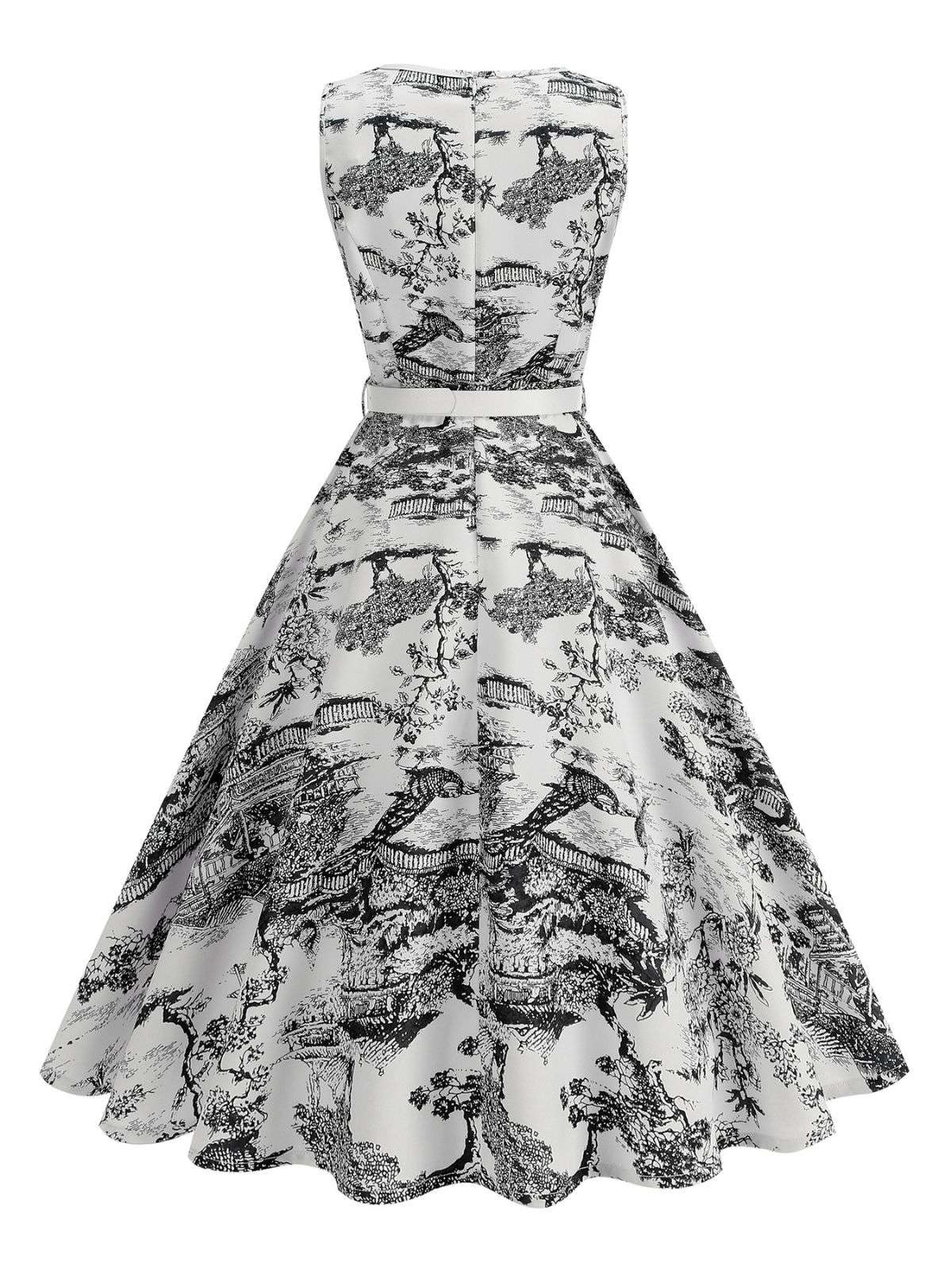 1950er Porzellan Landschaft Ärmellos Gürtel Kleid - Image 2