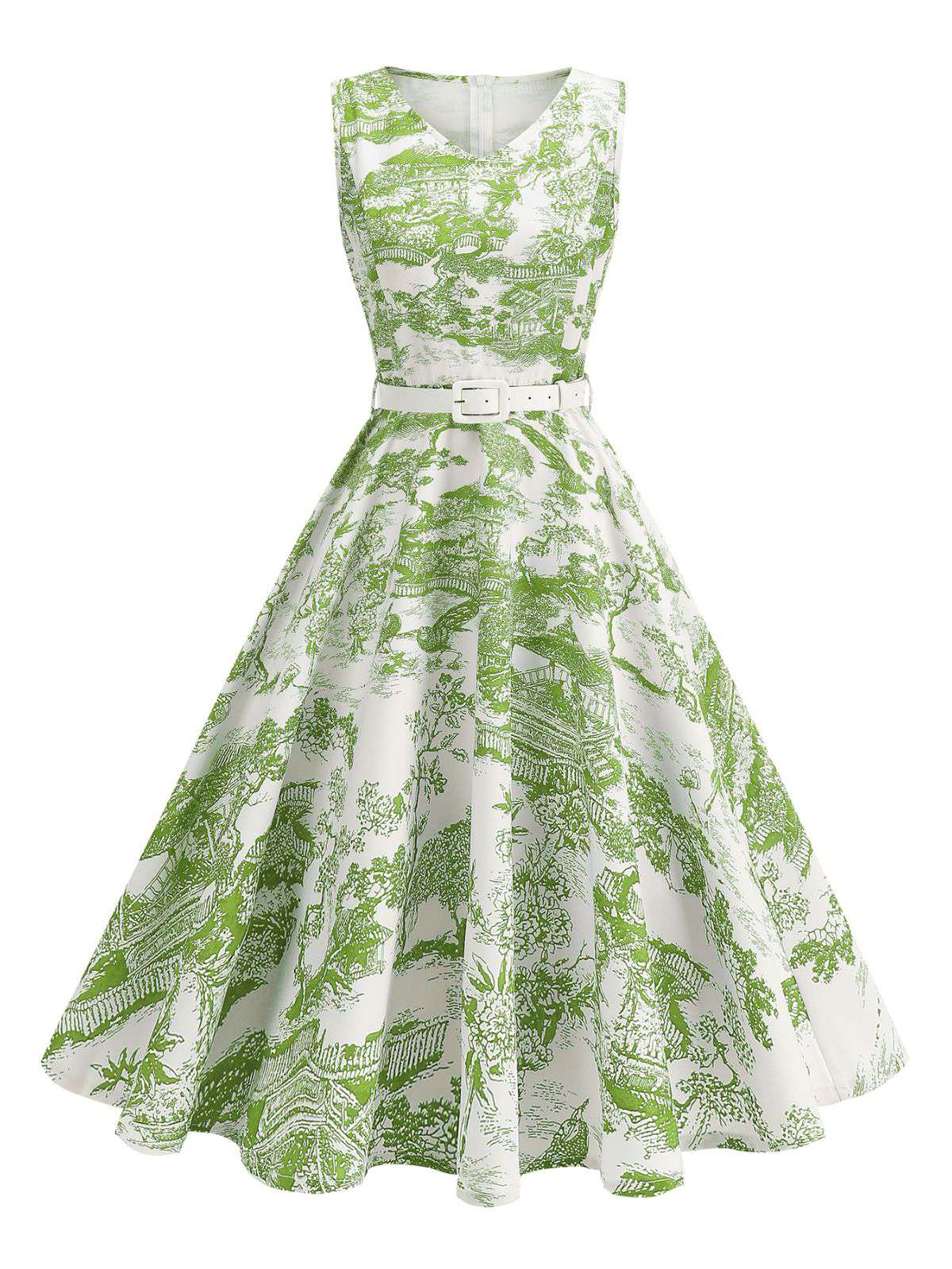 1950er Porzellan Landschaft Ärmellos Gürtel Kleid - Image 3