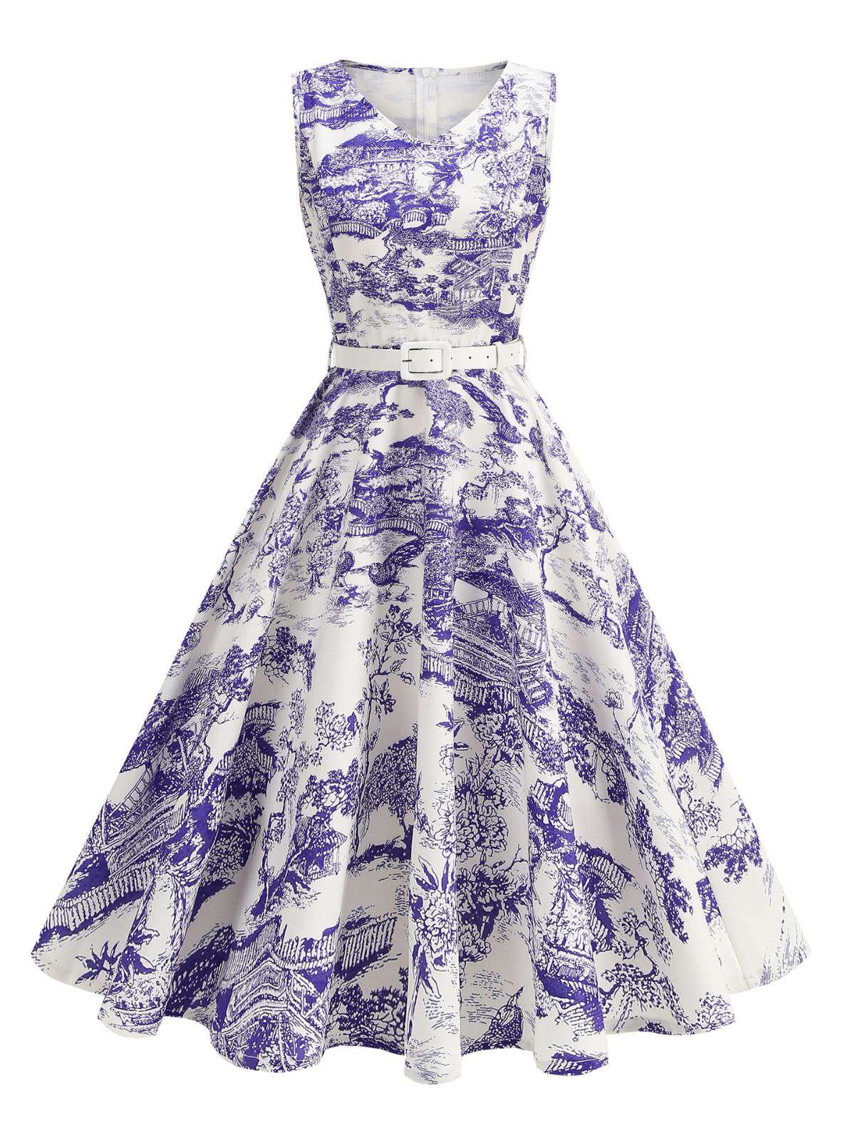 1950er Porzellan Landschaft Ärmellos Gürtel Kleid - Image 5