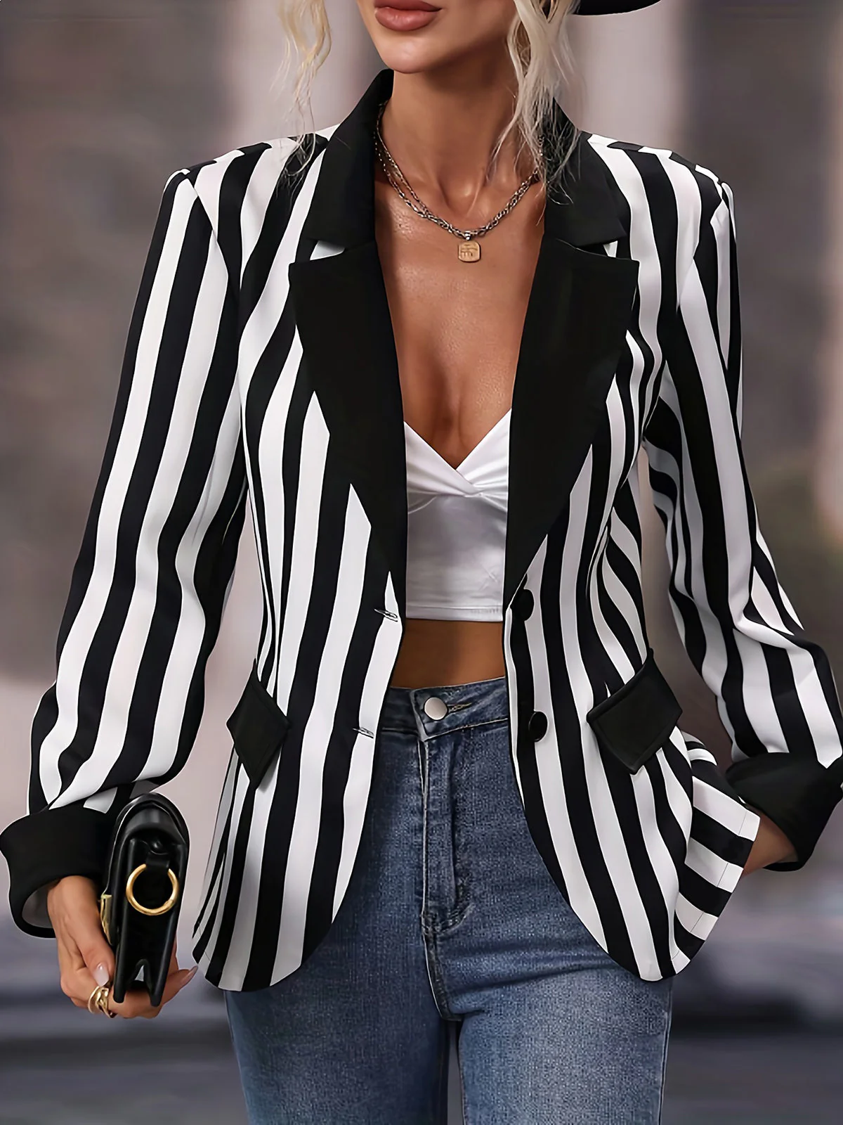 1950er Beetlejuice Kostüm Revers Kontrast Schwarz & Weiß Streifen Blazer - Image 5
