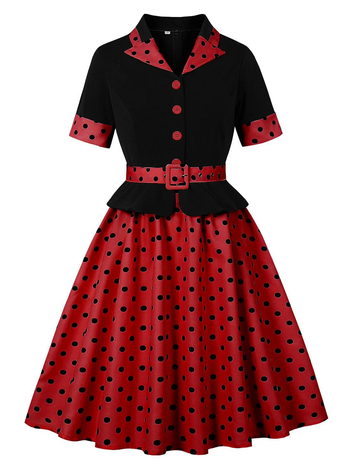 1950er Revers Polka Dot Patchwork Swing Gürtel Kleid - Image 7