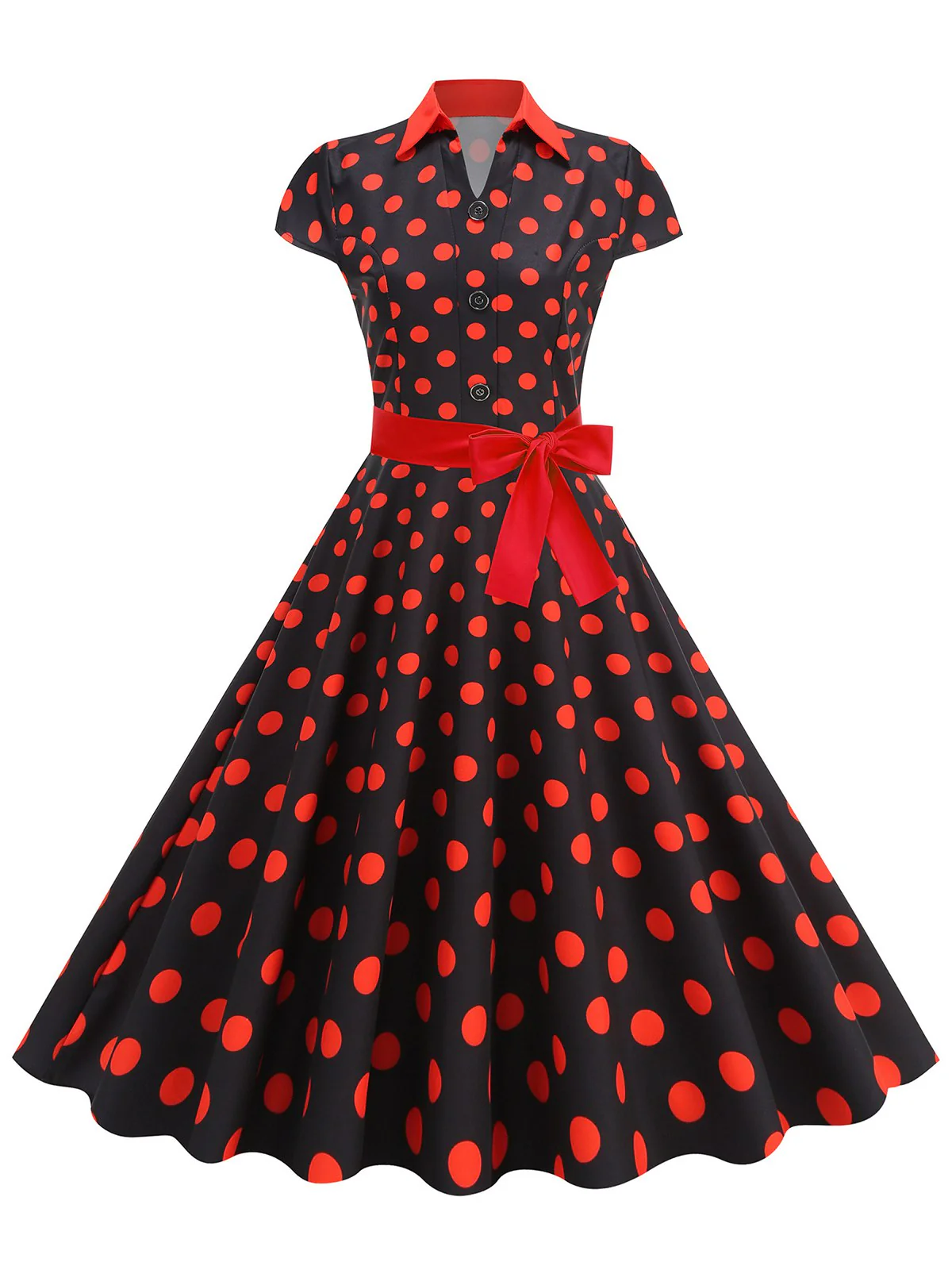 1950er Revers Polka Dots Bogen Swing Kleid - Image 3