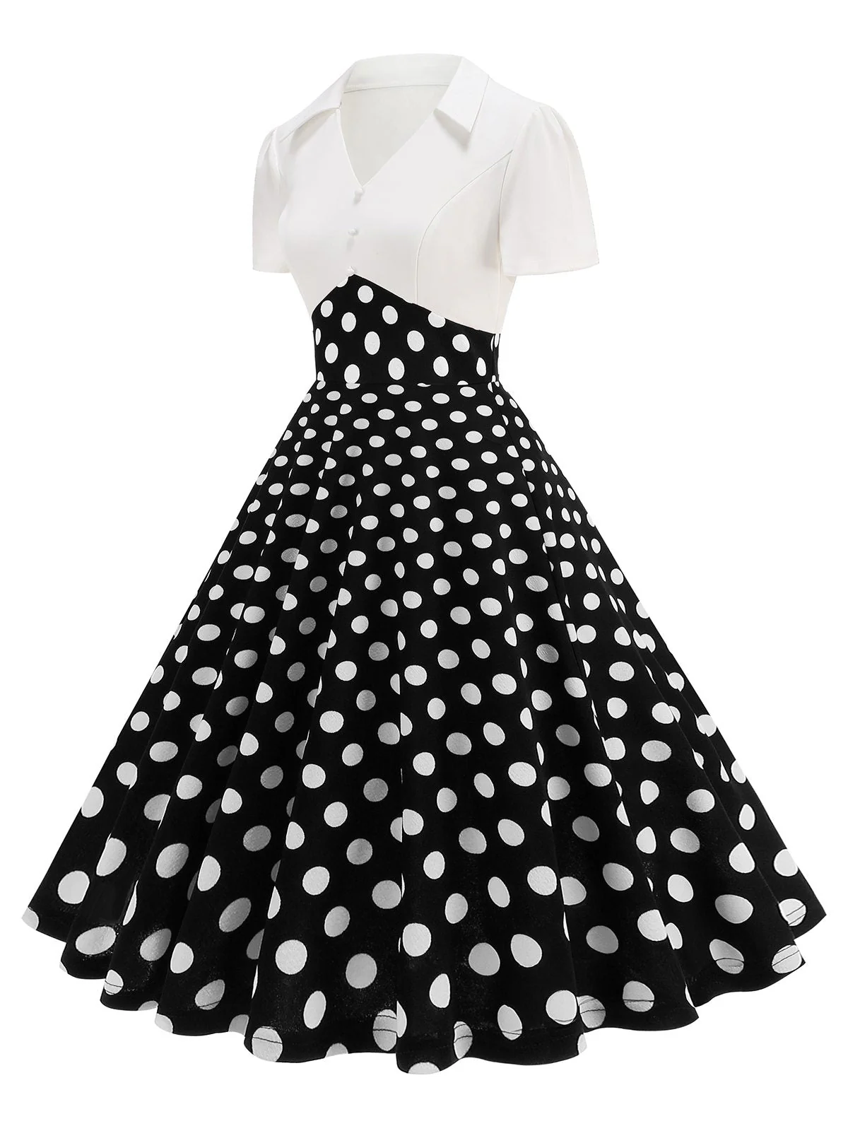 Schwarz 1950er Revers Polka Dots Patchwork Swing Kleid - Image 2