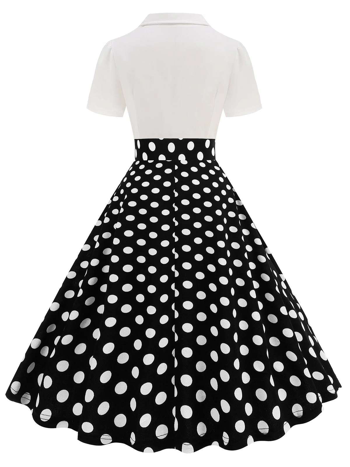 Schwarz 1950er Revers Polka Dots Patchwork Swing Kleid - Image 3