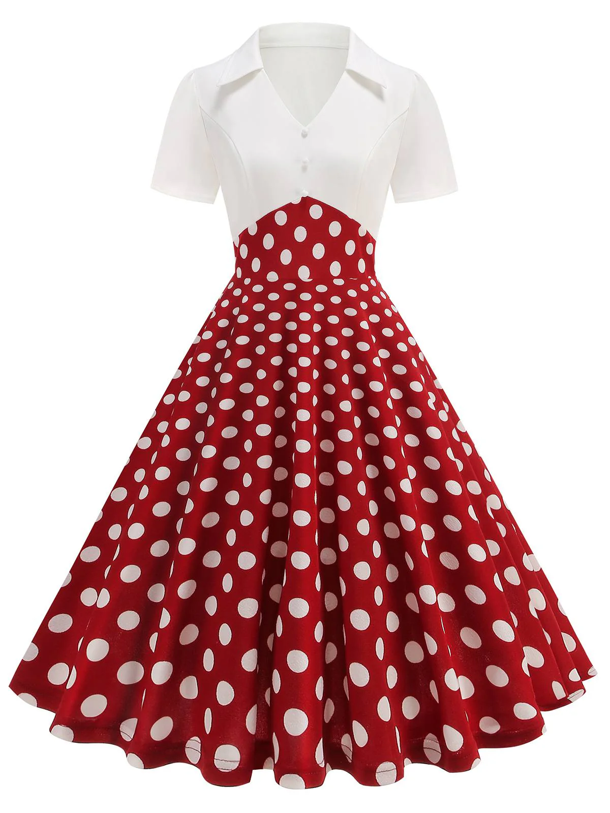 Schwarz 1950er Revers Polka Dots Patchwork Swing Kleid - Image 5