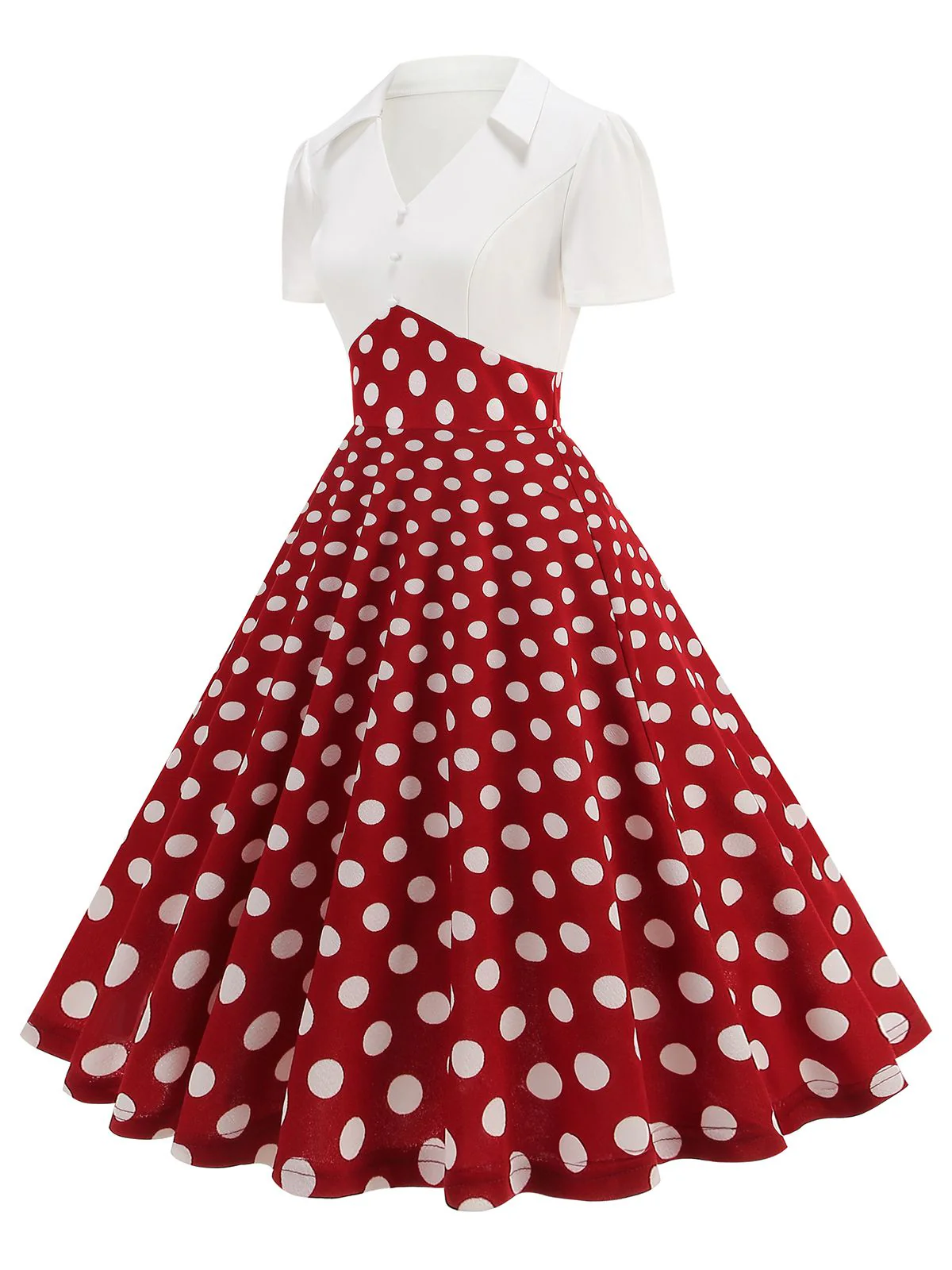 Schwarz 1950er Revers Polka Dots Patchwork Swing Kleid - Image 6