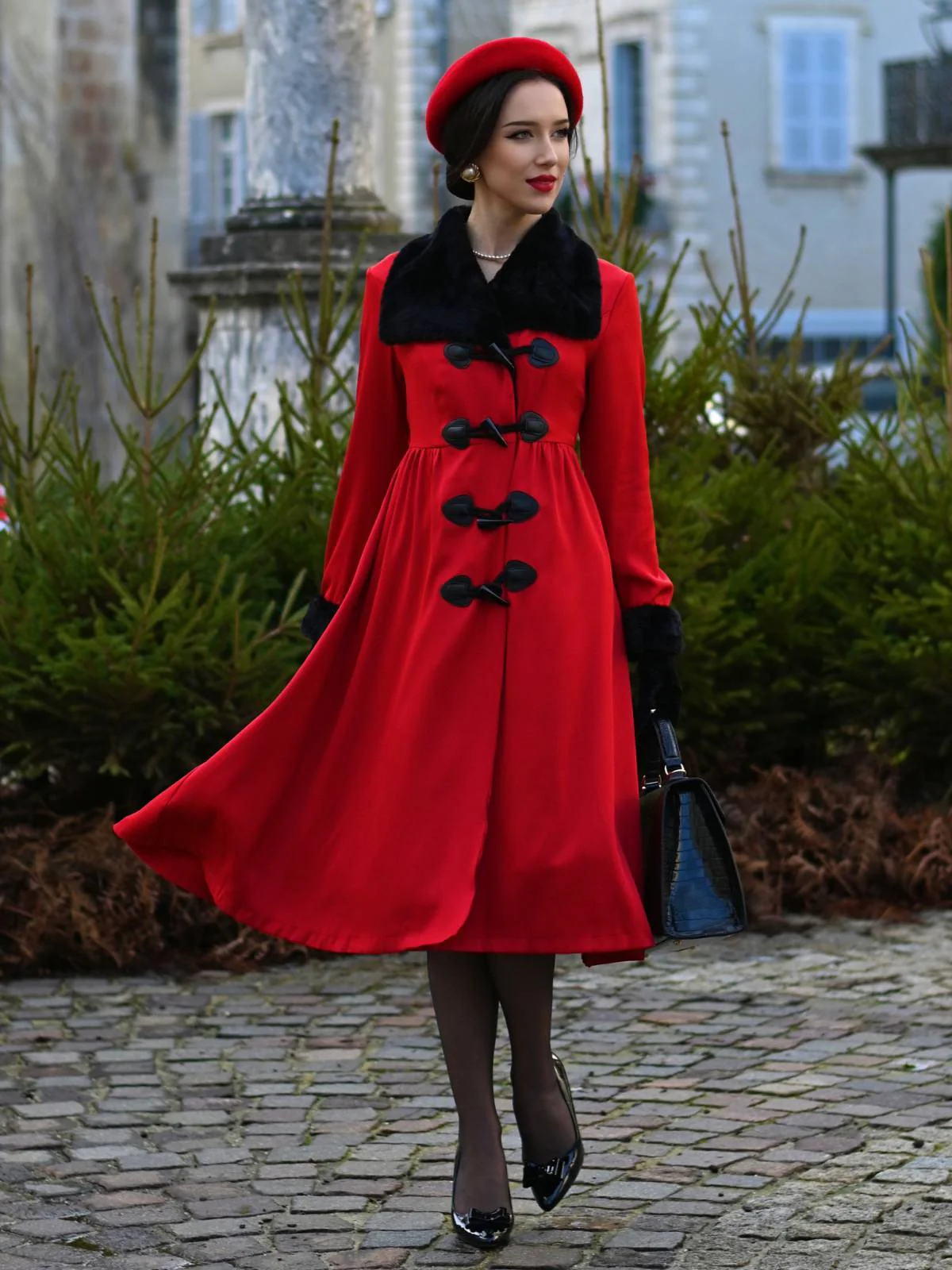 1950er Rot & Schwarz Pelzkragen Mantel