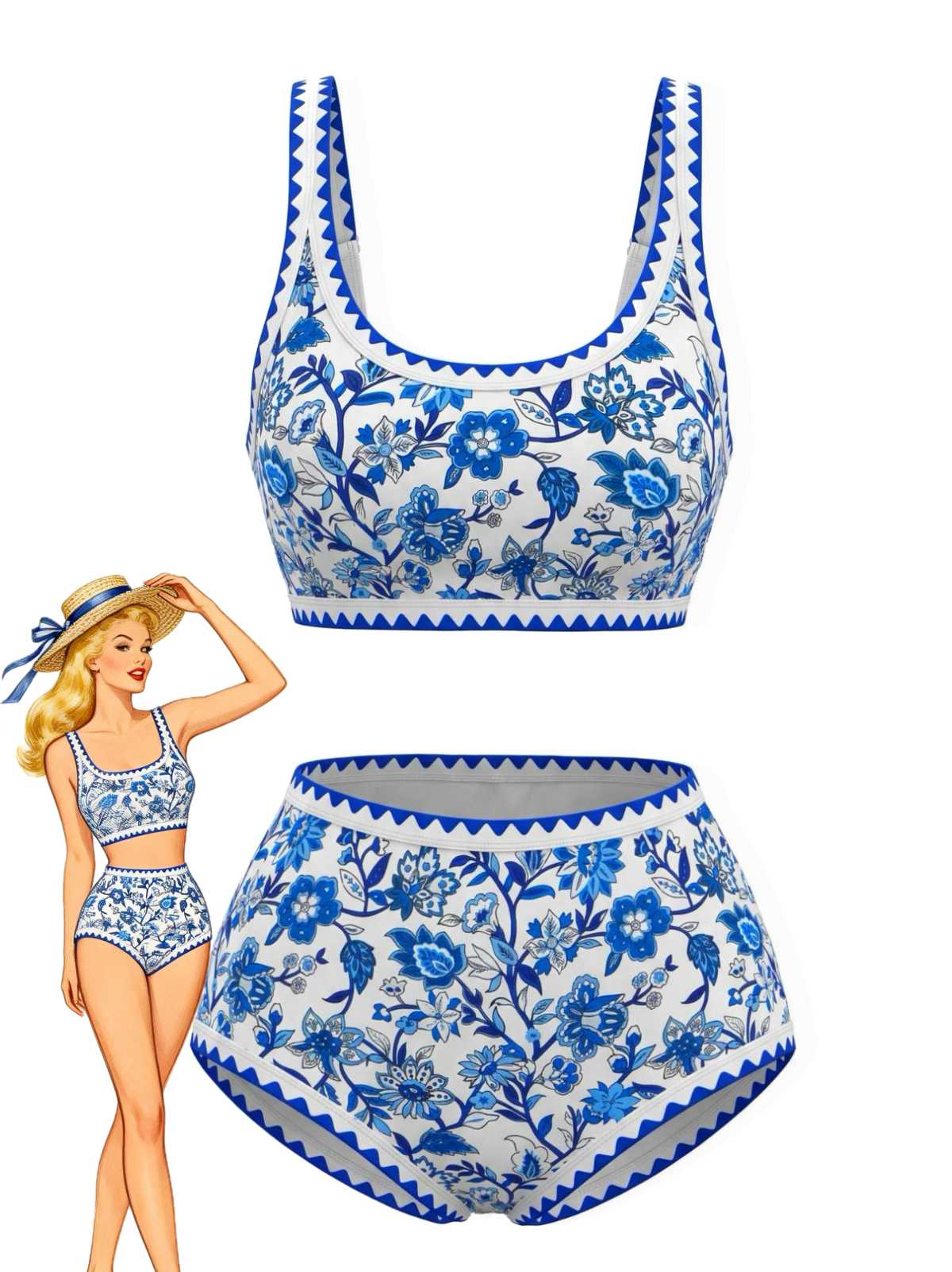 1950er Rundhalsausschnitt Blumen High-Waist Bikini Set