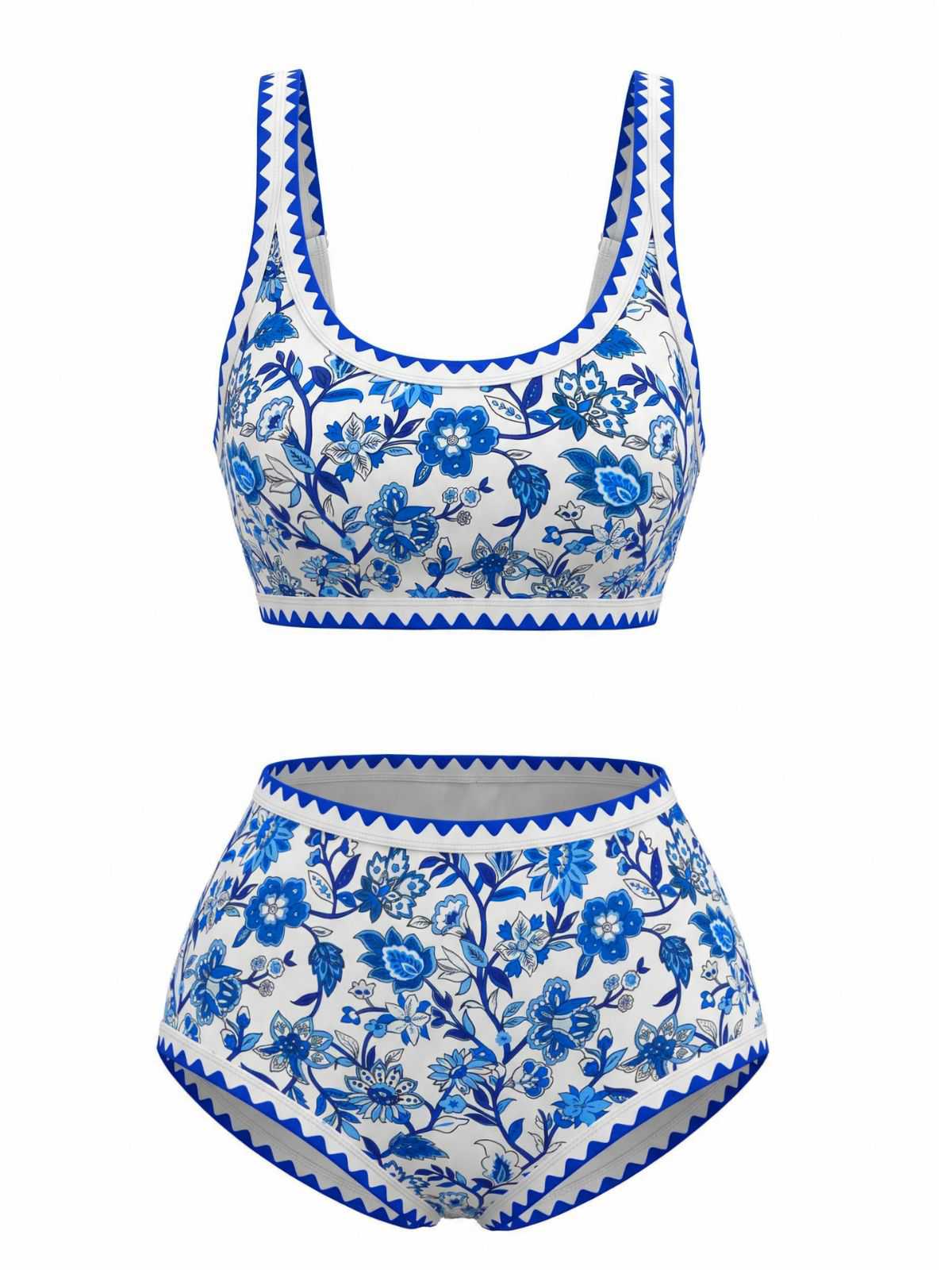 1950er Rundhalsausschnitt Blumen High-Waist Bikini Set - Image 2