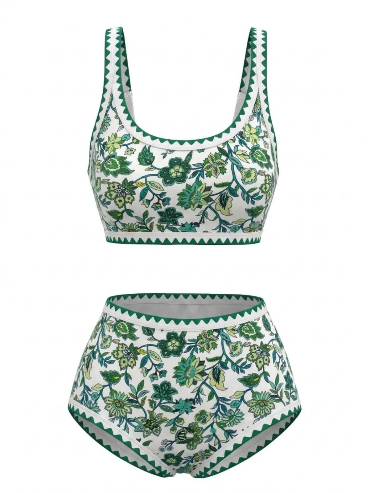 1950er Rundhalsausschnitt Blumen High-Waist Bikini Set - Image 7