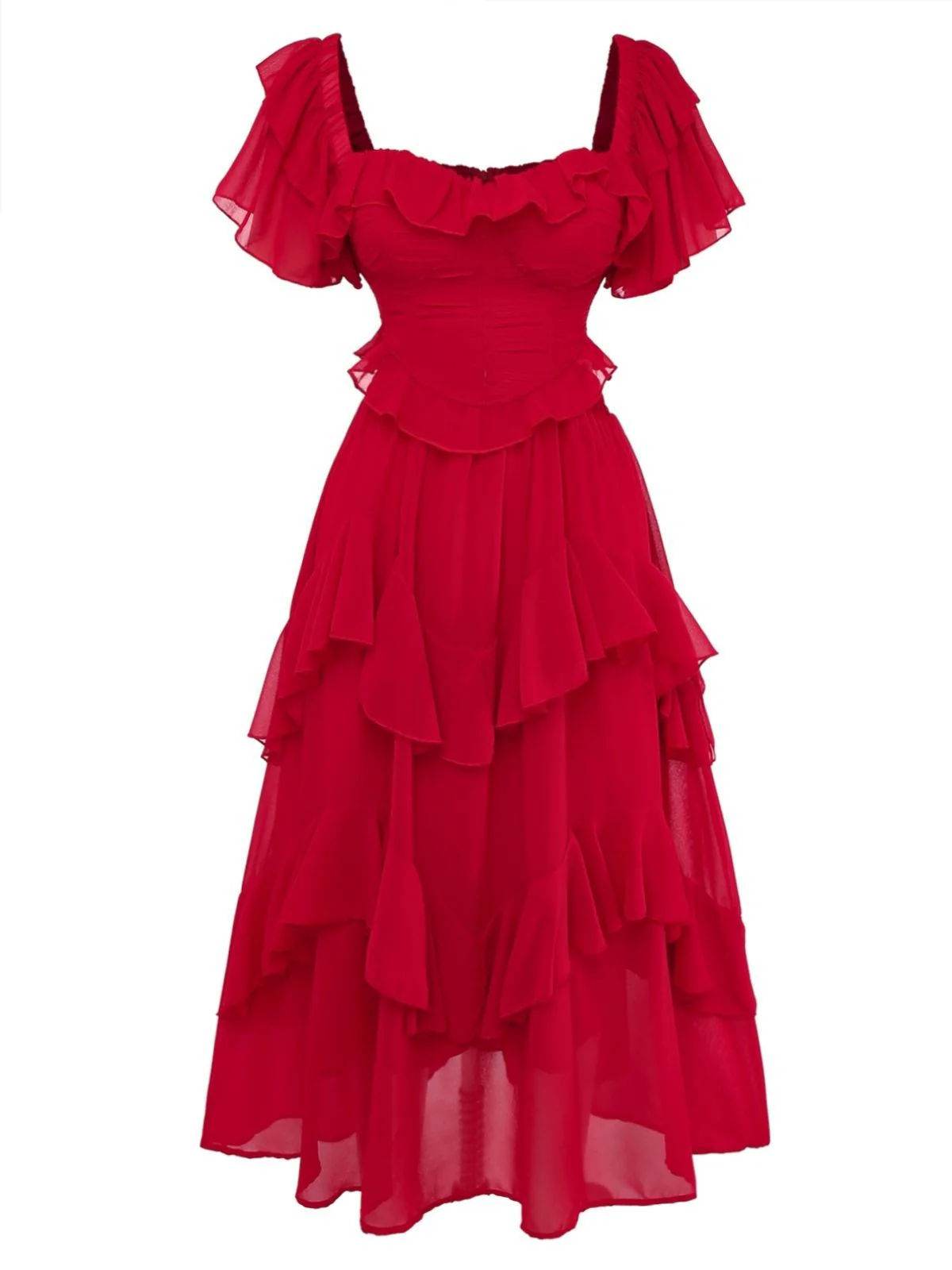 1950er Rüschen Gestuft Schulterfrei Maxi Kleid - Image 2