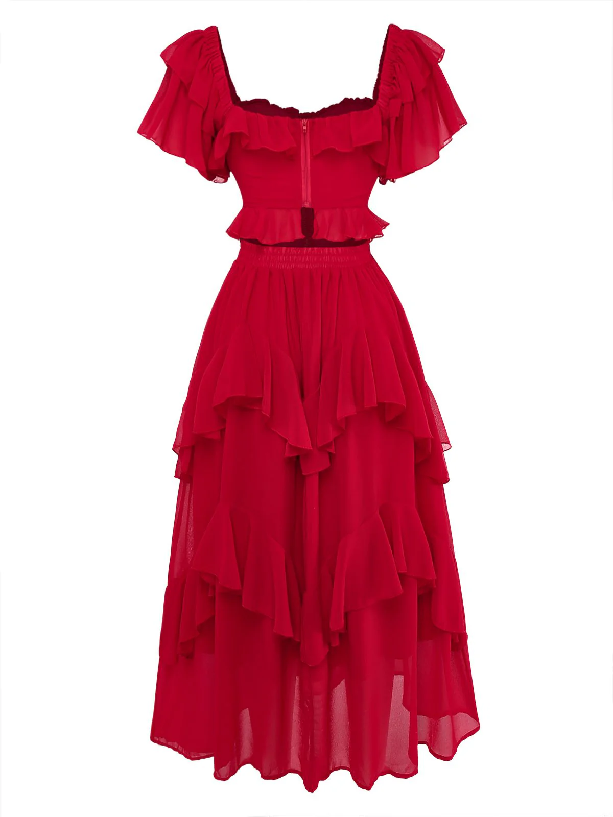 1950er Rüschen Gestuft Schulterfrei Maxi Kleid - Image 3