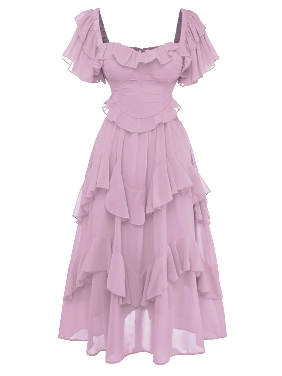 1950er Rüschen Gestuft Schulterfrei Maxi Kleid - Image 8