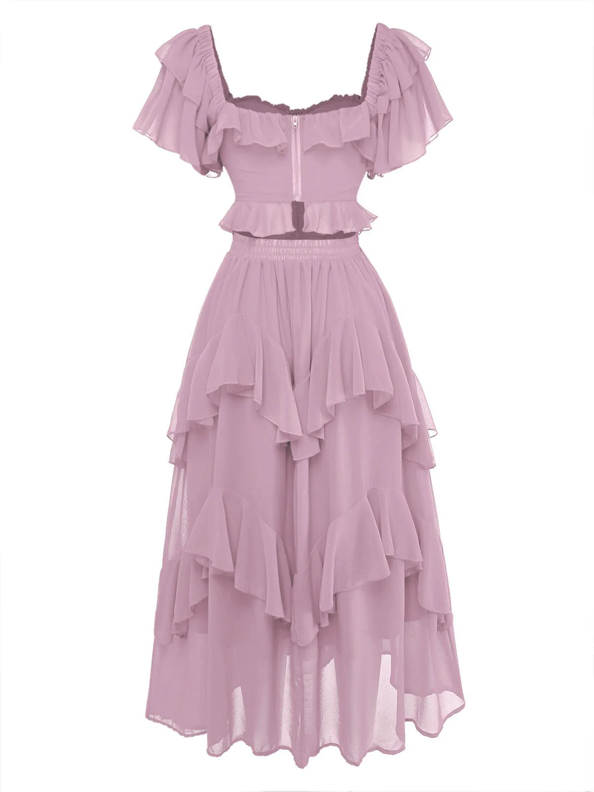 1950er Rüschen Gestuft Schulterfrei Maxi Kleid - Image 9