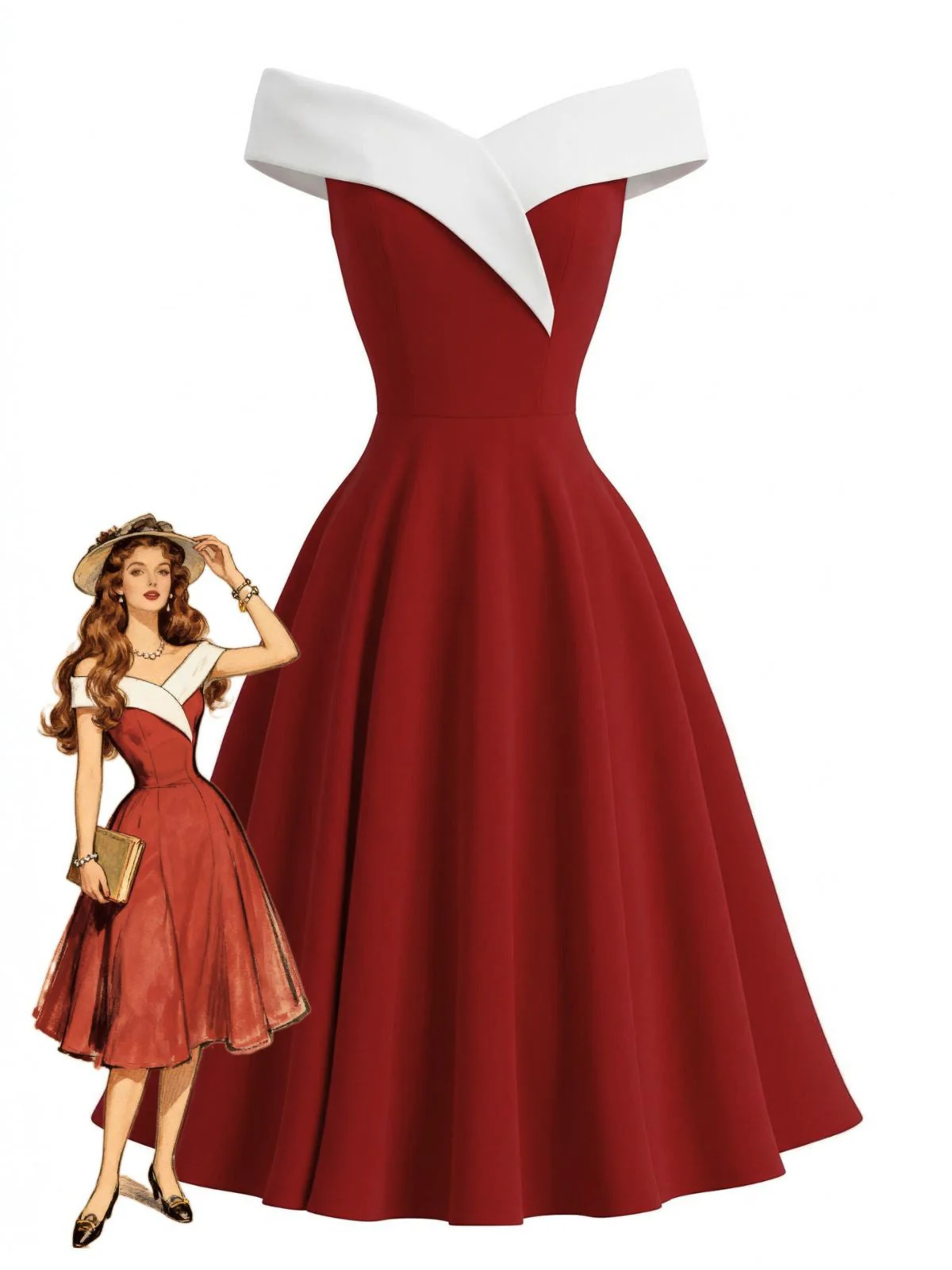 1950er Schulterfrei Ärmellos Farbblock Kleid