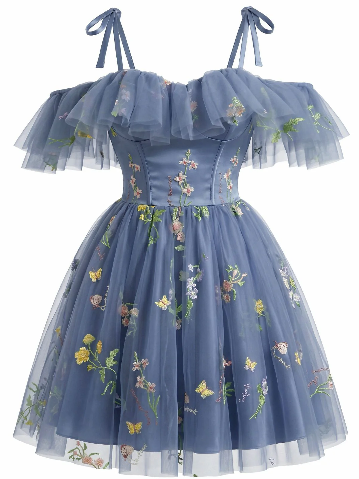 1950er Schulterfrei Blumen Bestickt Netz Kleid