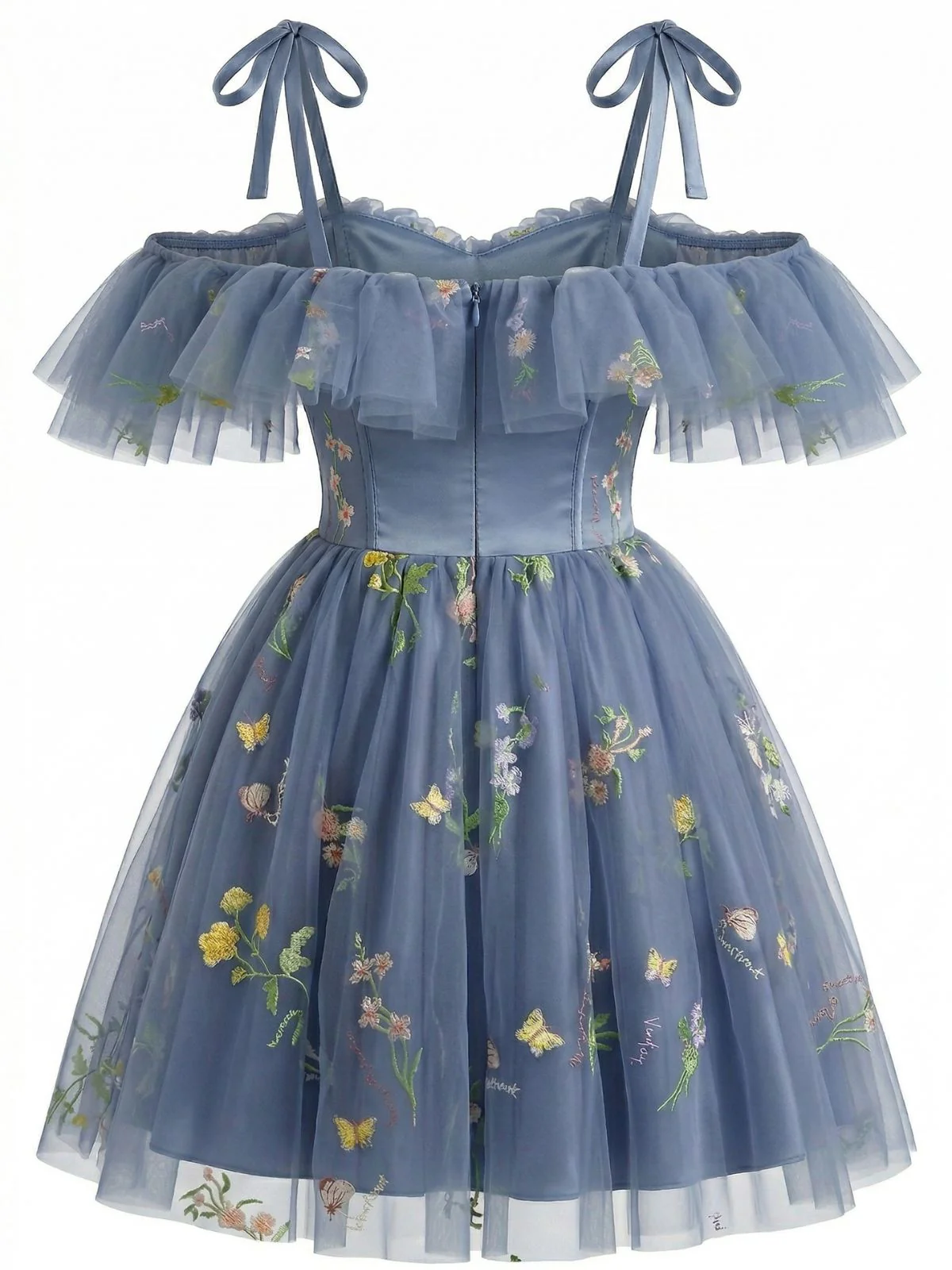 1950er Schulterfrei Blumen Bestickt Netz Kleid - Image 2
